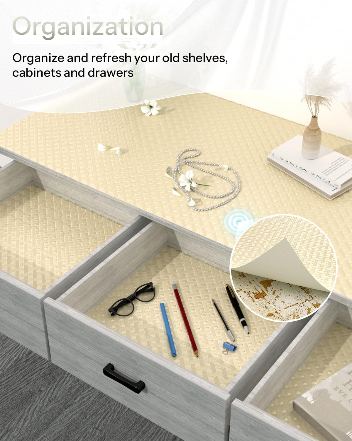 Shelf and Drawer Liner for Kitchen Cabinet, Non-Adhesive 24in x 240in Waterproof Contact Paper Refrigerator Liners Thickened Durable EVA Material Non Slip Mat for Dresser Cupboard Pantry Protector
