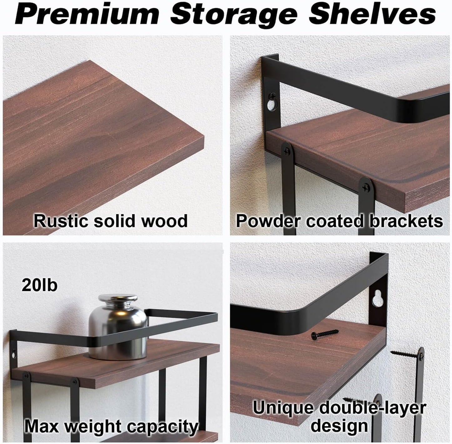 RICHER HOUSE 2+1 Tier Wall Mounted Floating Shelves Set of 2, Rustic Wood Shelf with Metal Frame, Extra Storage Rack for Bathroom, Kitchen, Bedroom with Tissue Rack & Towel Bar - Rustic Brown