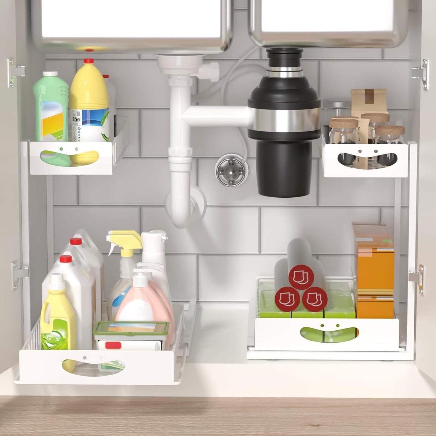 Under Sink Organizer with Pull-Out Drawers,Kitchen Sink Organizer,2 Tier Bathroom Organizers And Storage,Bathroom Accessories Set,White 1 Pack