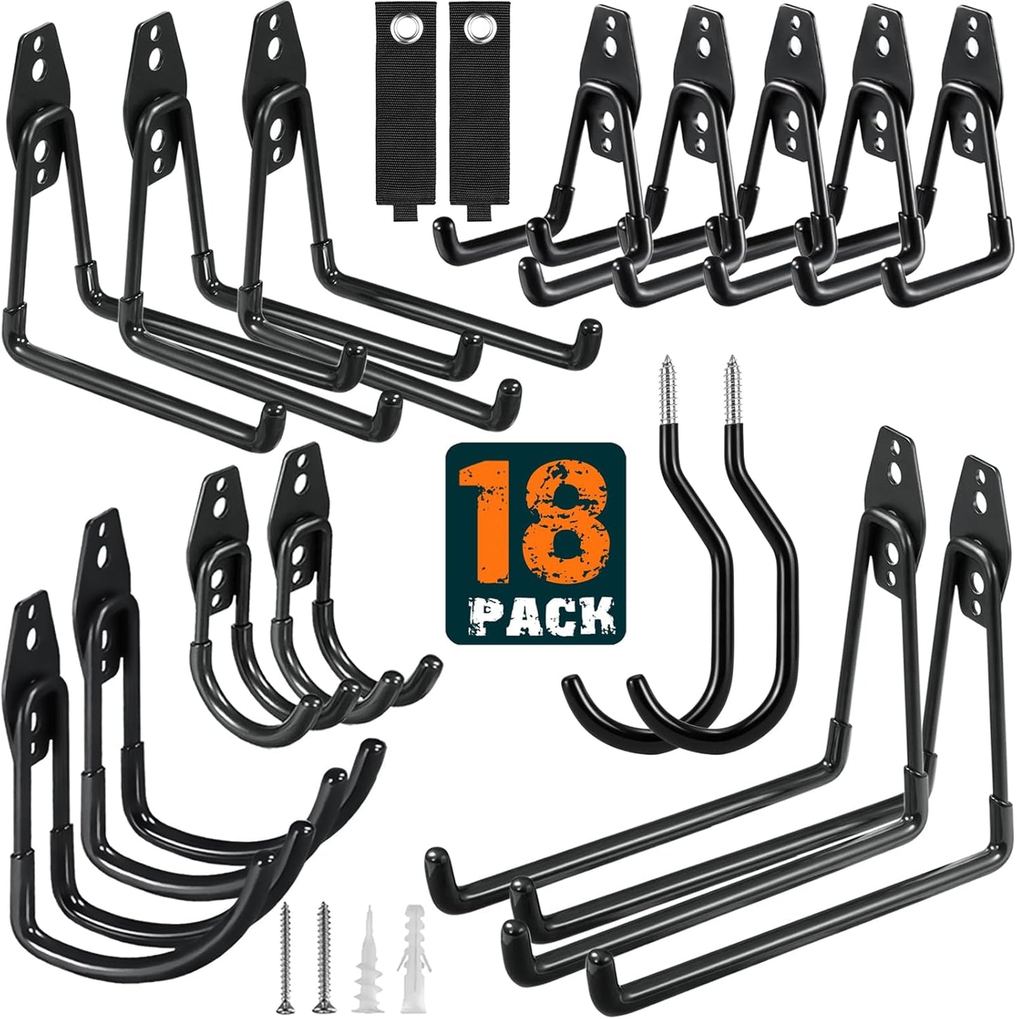 18 Pack Garage Hooks Heavy Duty Utility Steel with Anti-Slip Coating Wall Mount Storage Organizer for Hanging Power and Garden Tools, Ladders, Hose, Bikes, Ropes, Bulk Items, and More