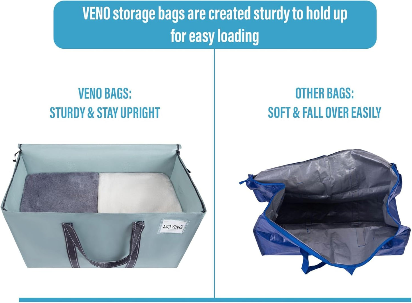 VENO 8 Pack Moving Bags and Large Christmas Storage Bins with lids. Alternative to Moving Boxes, Packing Supplies for College. Extra Large Heavy Duty Totes for Packaging (Light Blue Matte, 8 Pack)