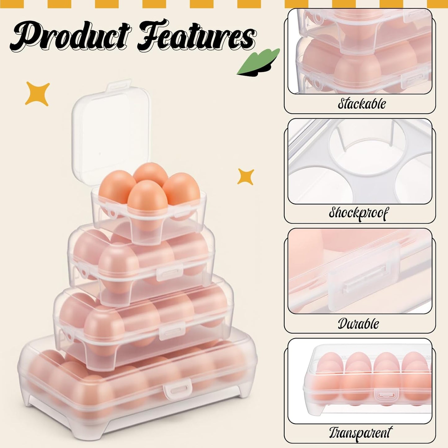 8 Pack Grid Egg Holder (4 Size: 15+8+6+4, Total 66 Eggs) Plastic Clear Grid Egg Container Keeper Storage Organizer Carrier for Refrigerator Camping Picnic Travel Kitchen Outdoor