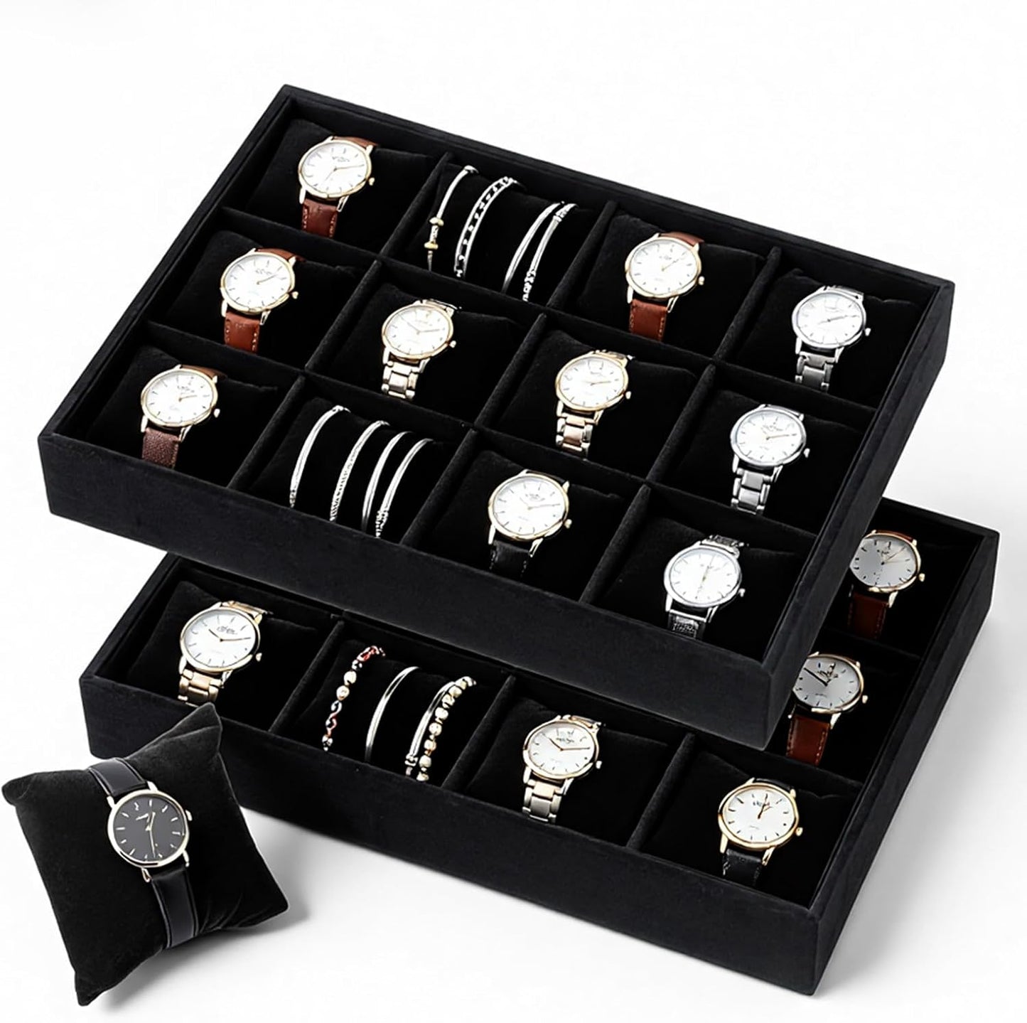 2 Pieces Velvet Watch Tray, 12 Grid Jewelry Organizer, Stackable Watch Bracelet Bangle Display Holder, Stackable Jewelry Tray, Adjustable Pillow, Stylish and Organized Multifunctional Tray(Black)