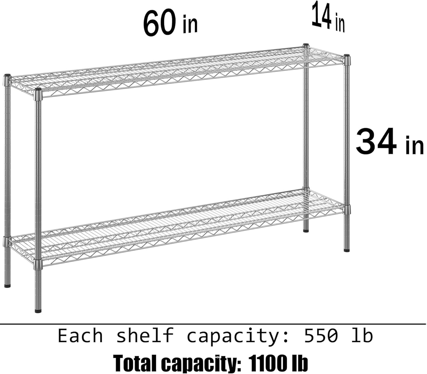 14" Deep x 60" Wide x 34" Height Wire Shelving Kit | 2-Tier | NSF Commercial Storage Rack Unit