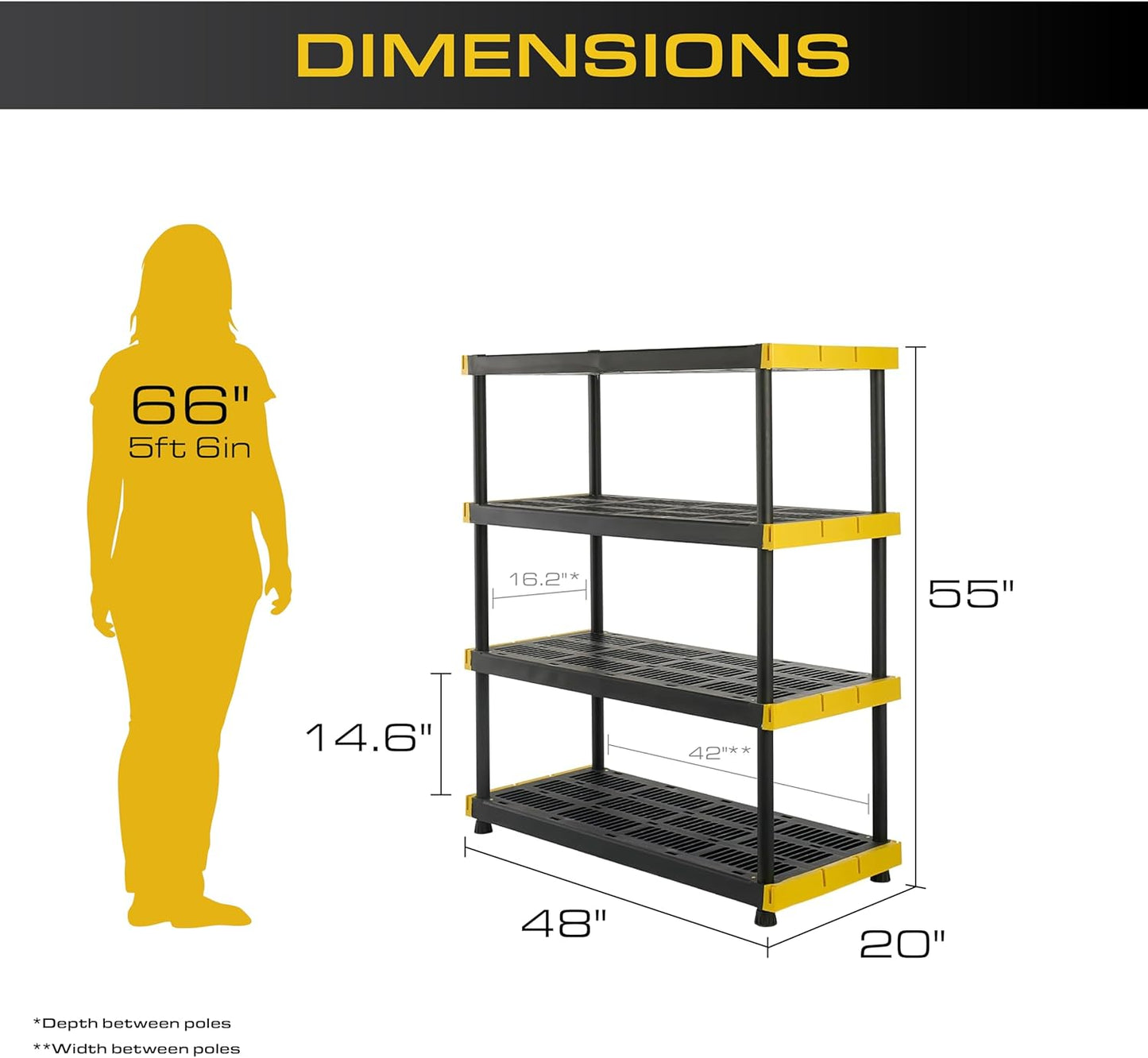 Black & Yellow, 4-Tier Heavy Duty Plastic Storage Shelving Unit, 200lbs/shelf (55H x 48W x 20D), for Indoor/Outdoor Organization, Modular Rack