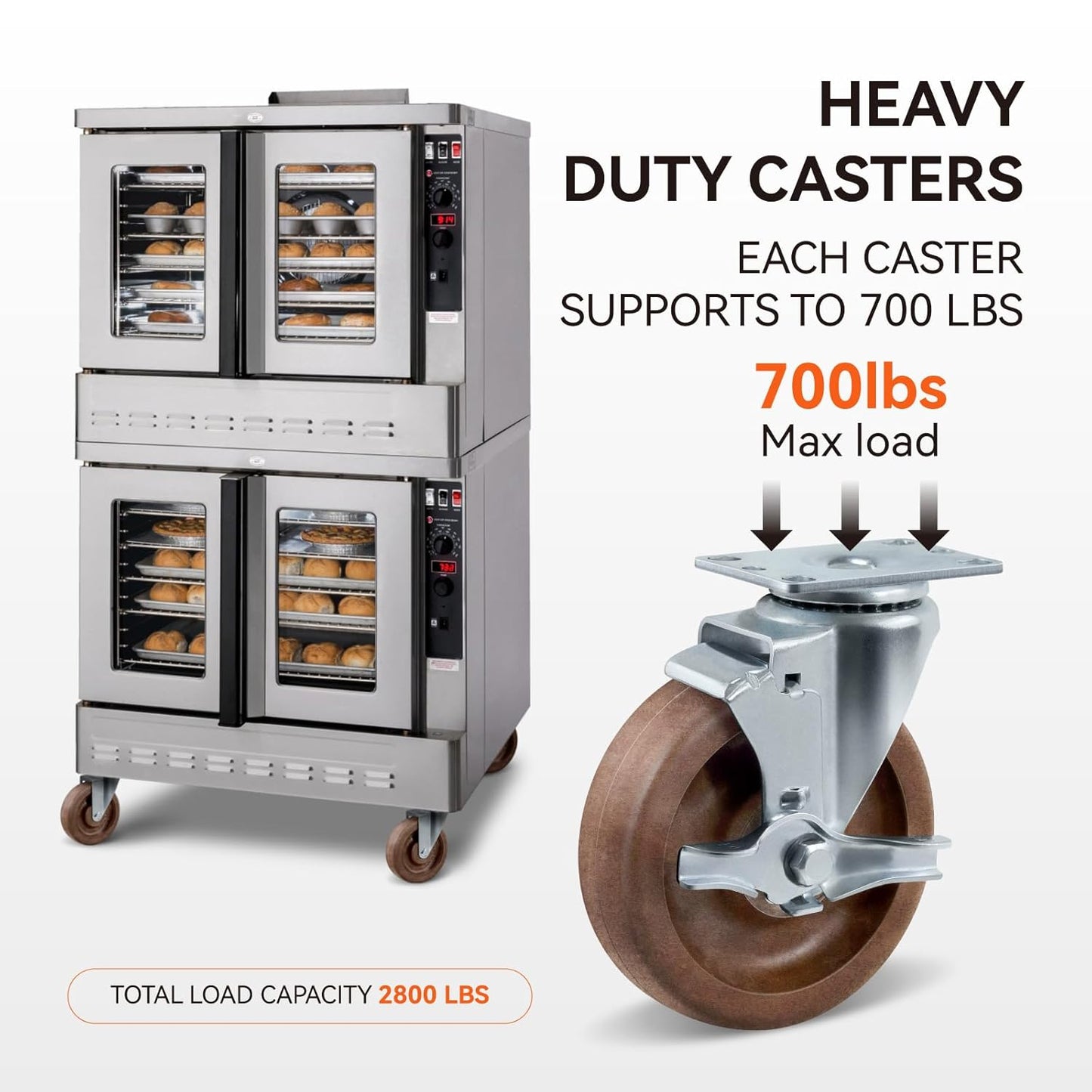5" Hi-Temp Glass FiIled Nylon Casters, Heavy Duty Casters Set of 4, Industrial Caster Wheels for Commercial Kitchen, Bakery - 2800 lbs Capacity(2 Brake & 2 Rigid)