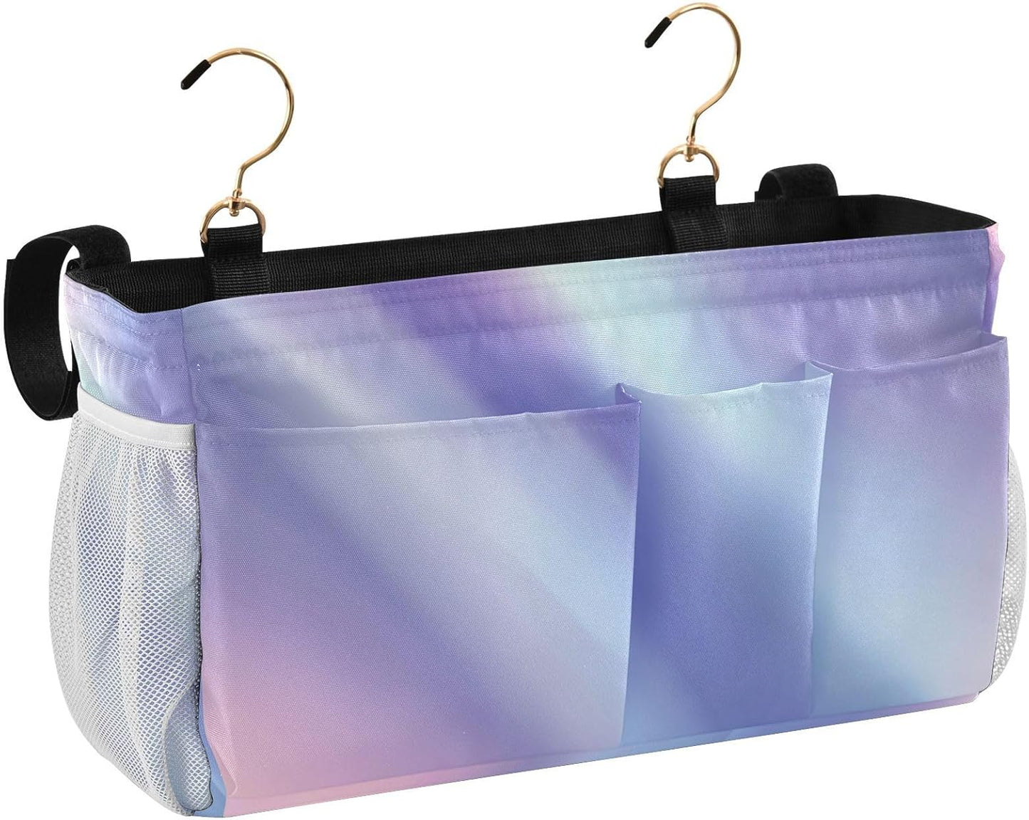 Purple Blue Gradient Bedside Caddy for Dorm Bed Bedside Hanging Caddy Bag Iron Frame Storage Organizer Pocket for Bunk Home College Hospital Beds 2 Hooks