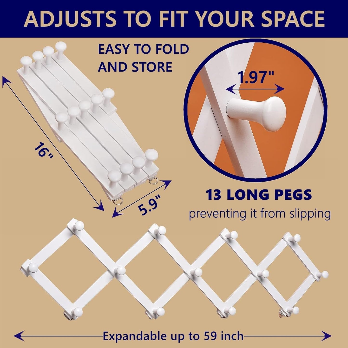 Amber Home Wood Accordion Wall Rack 13 Hooks (Pegs), Expandable Wall Mounted Hanger for Coat, Hat, Scarf, Coffee Mugs, X Shape Coat Hooks (White Color)