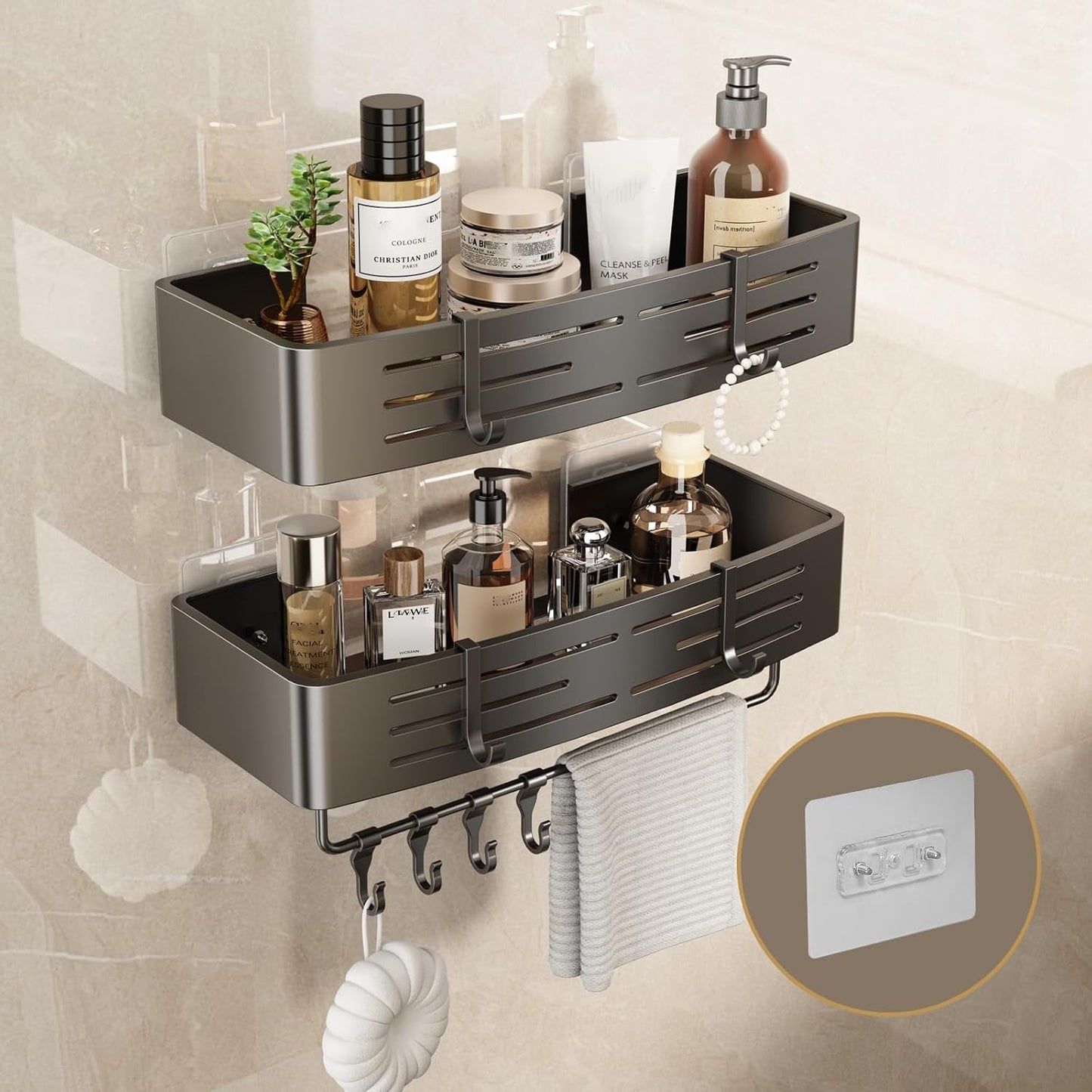 VOLPONE Shower Caddy No Drilling Shower Shelves for Inside Shower Heavy Duty Bathroom Organizer Storage Rack Adhesive with Towel Bar Hooks (2-Pack, Matte Gray)