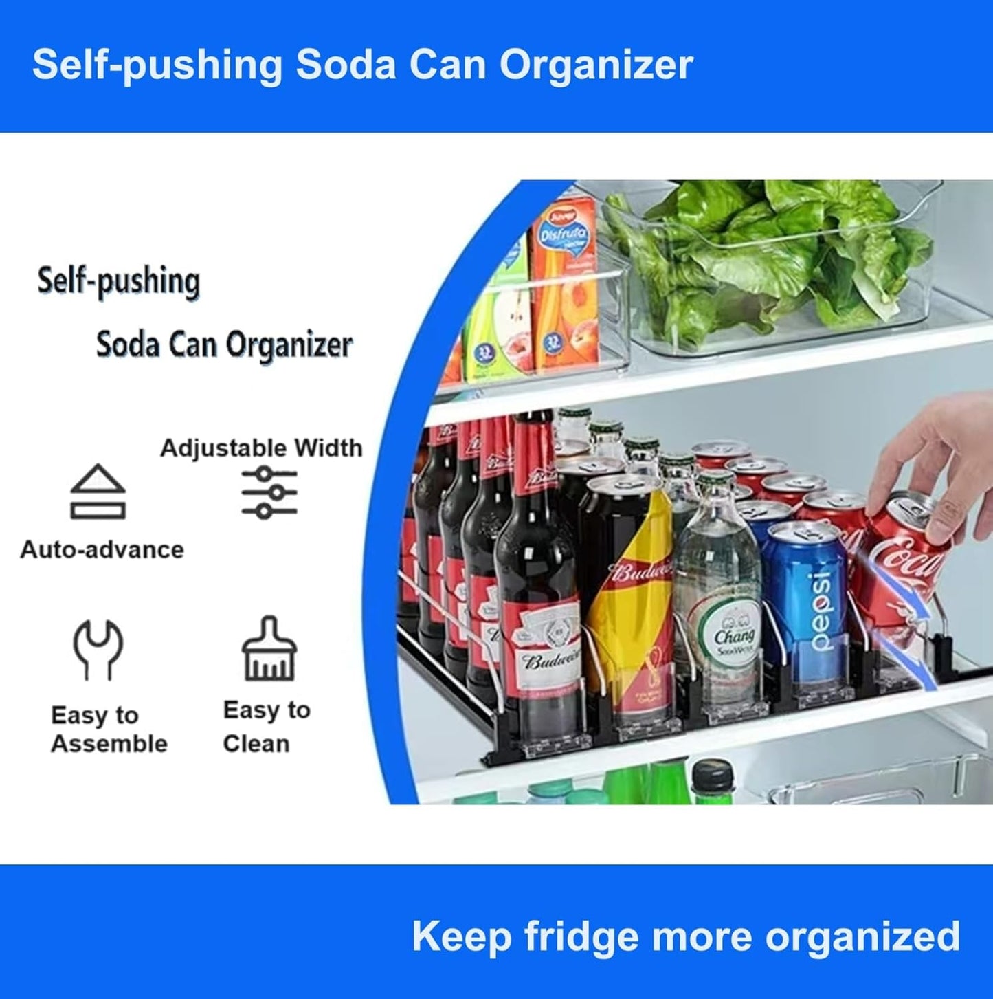 6 Rows Black Drink Organizer for Fridge, 3rd Gen Refrigerator Organizers and Storage, Automatic Pusher Glide and Adjustable Width Can Organizer for Refrigerator - Holds up to 30 Cans