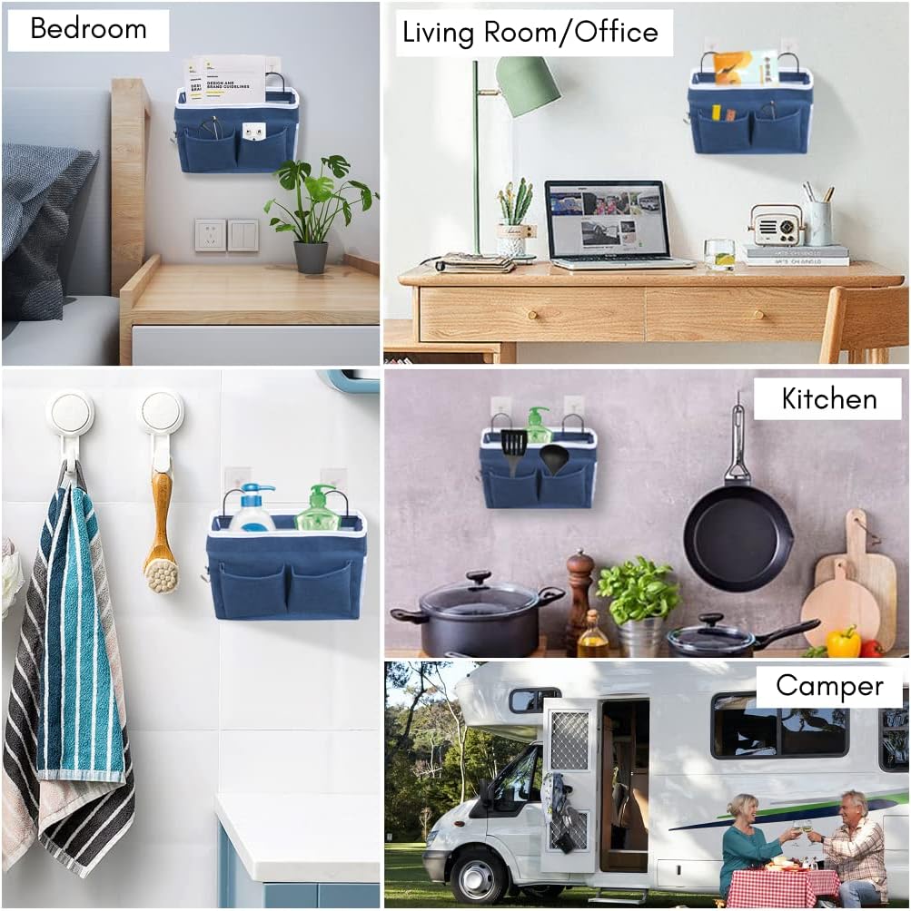 2pcs Middle Wall Hanging Organizer Bag, Linen Fabric Door Hanging Storage Basket with Pockets, Waterproof Bin for Kitchen, Bedroom, Office, RV Camper (Blue)