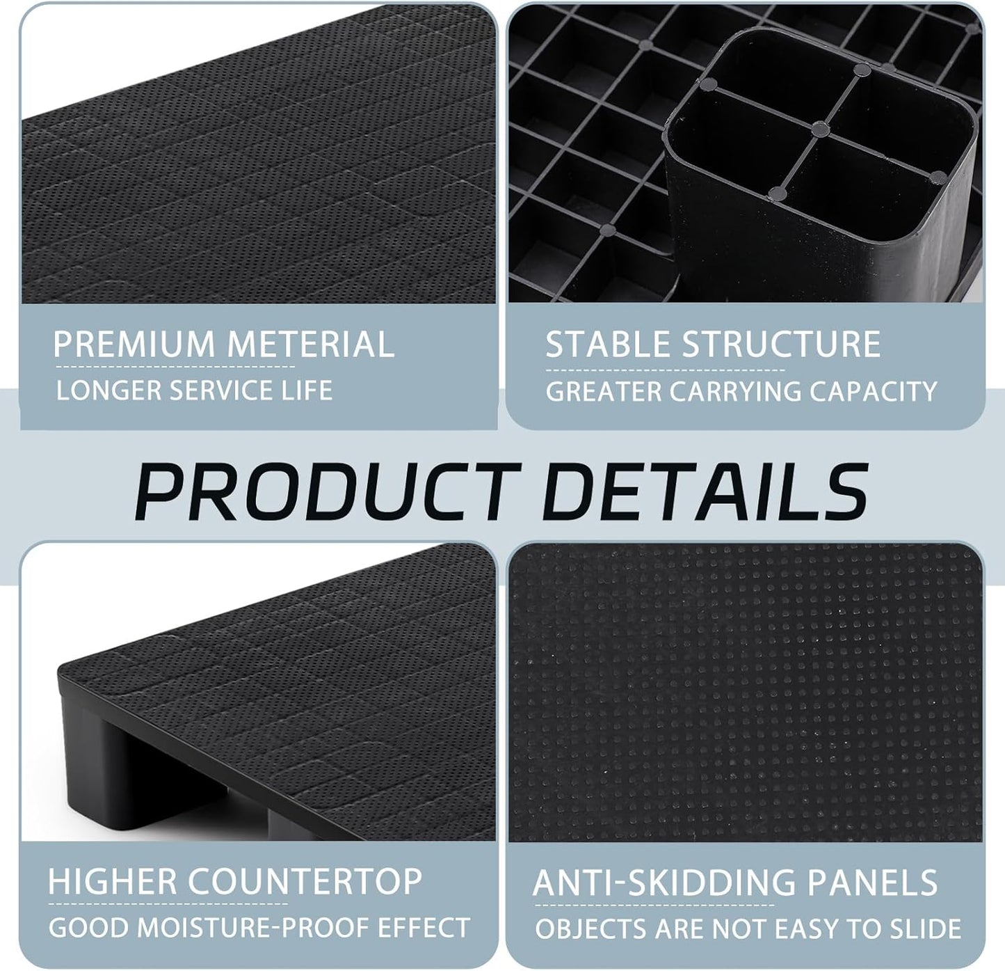 4 Pcs Plastic Pallet for Basement Storage Easy Stack Lightweight Floor Pallet Display Flooring Room Supermarket Christmas, Support up to 2000 Lbs (31.5'' L X 24'' W X 4.7'' H,Black)