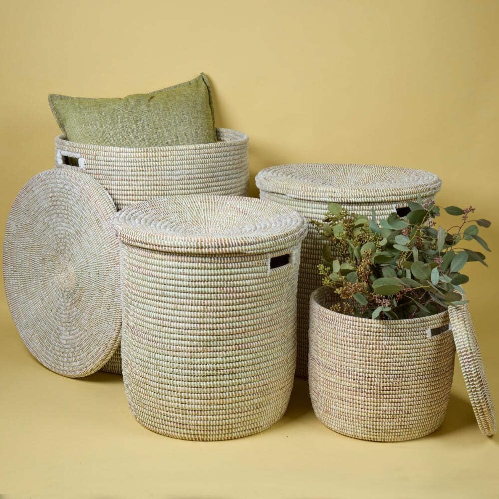 Storage & Organization, Decorative Baskets for your Home, Laundry Hamper, Baby Nursery Toys Bin, Living Room Blankets Storage, Towels Holder, Wicker, Woven, Lid, Wide, White, Set, 4pcs