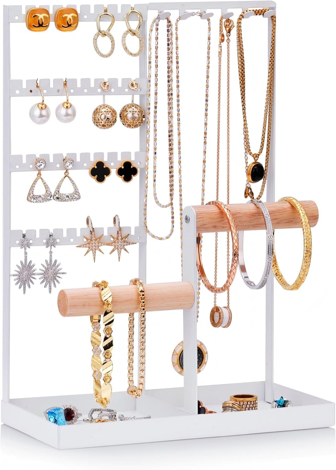 Elegant Jewelry Display Stand with Tray, Multi-Tier Organizer for Necklaces & Earrings, Sturdy Metal Frame for Vanity Tabletop Decor