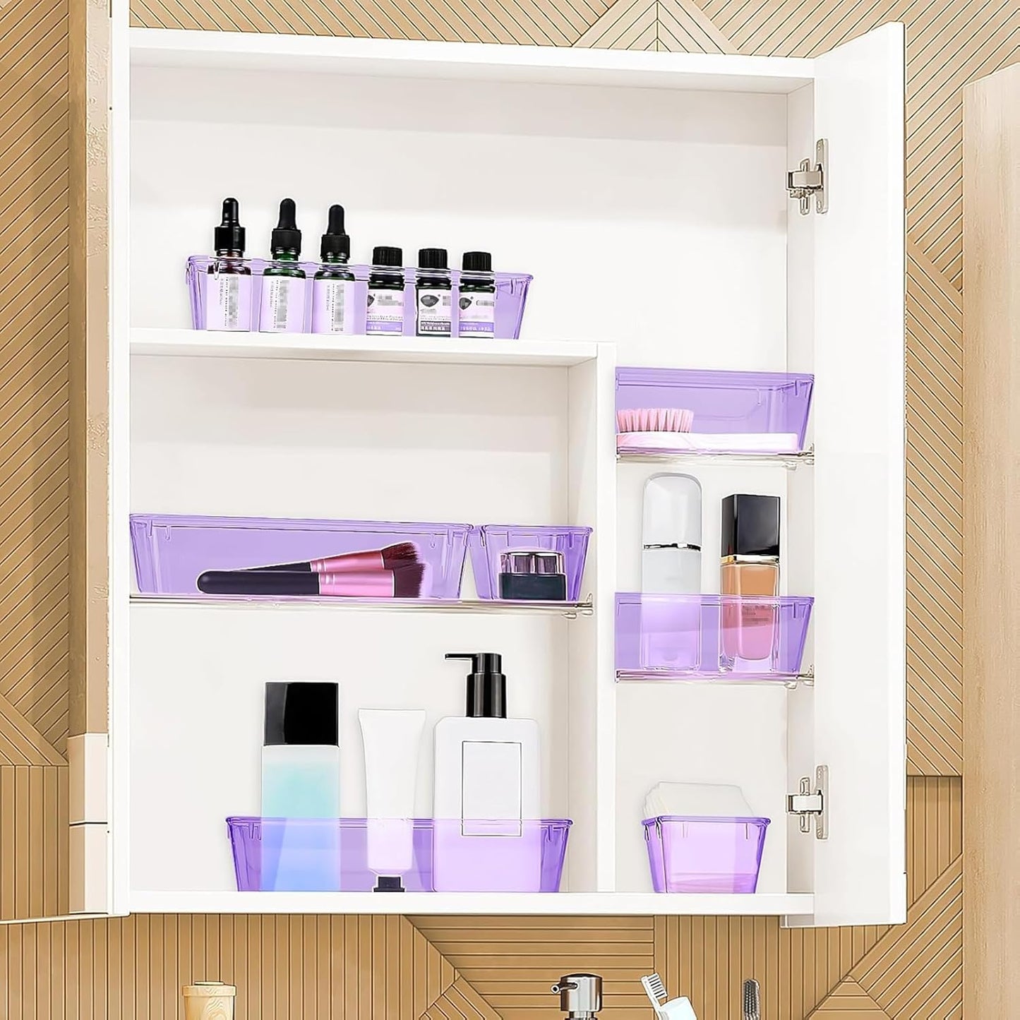 13 PCS Drawer Organizer Set, 5 Varied Size Bathroom and kitchen Drawer cabinet organizer Trays, Clear Storage Bins for Makeup, Jewelry, Utensils and Gadgets, Purple