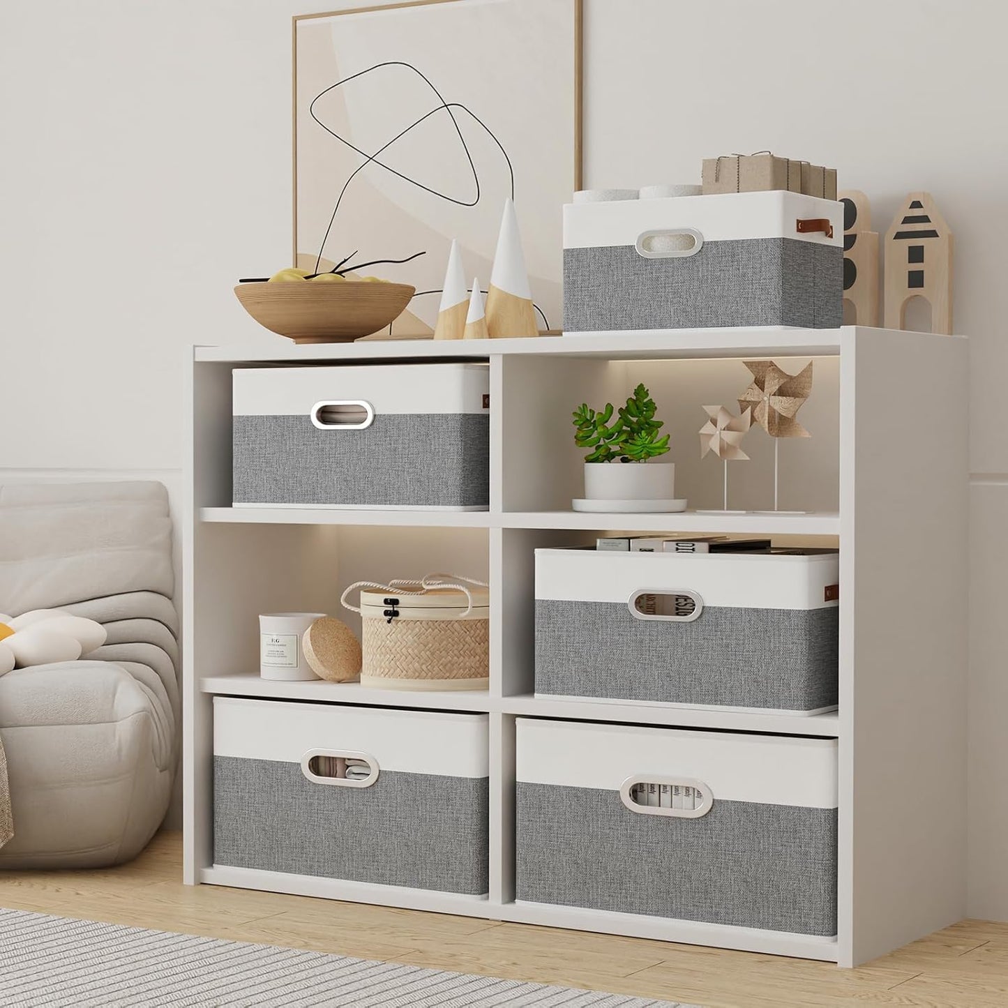 Yawinhe Foldable Storage Baskets for Shelves, Fabric Closet Organizers, Bins with 3 Handles, Cubes for Clothes, White/Grey, 15''Lx9.8''Wx8.3''H, 6-Pack