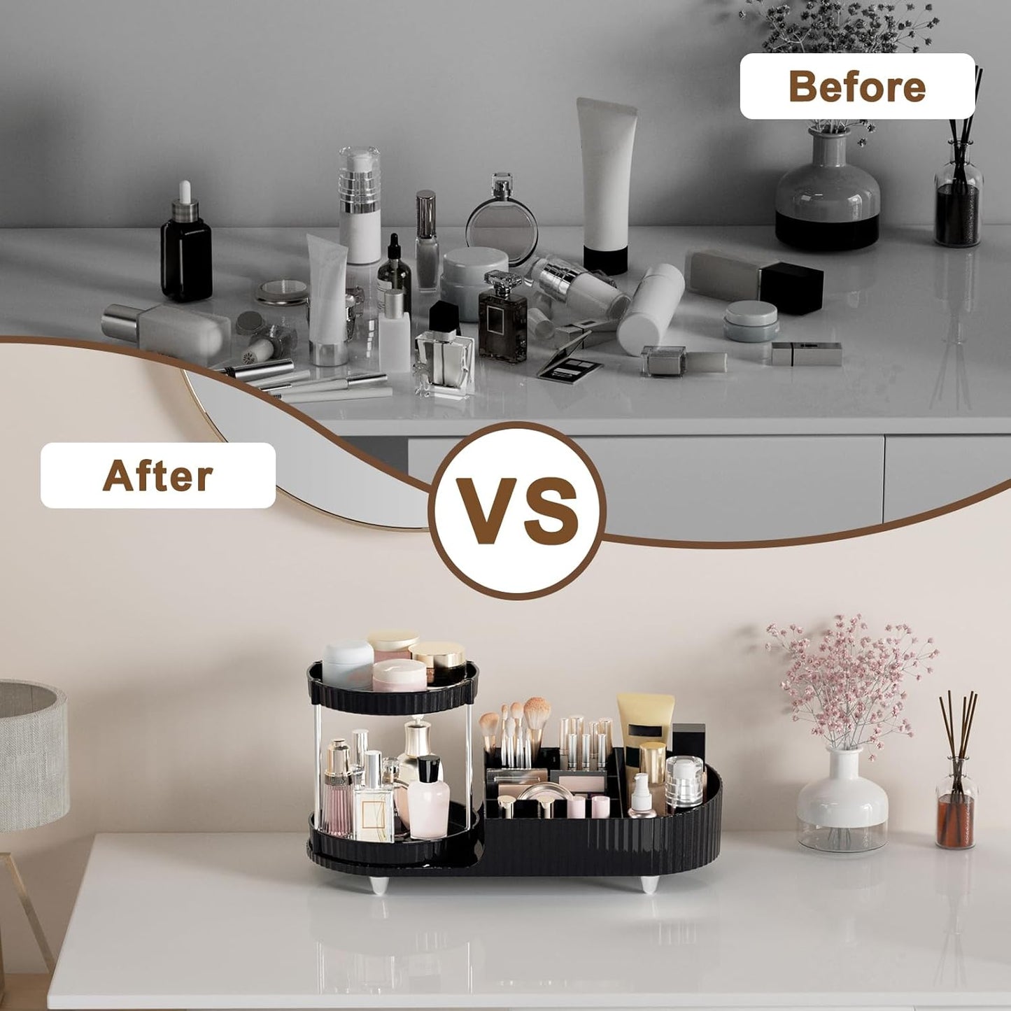 Makeup Organizer Countertop for Vanity with 360 Rotating Perfume Trays, 7-Compartment Skincare Organizers and Make Up Desk Storage, Cosmetic Organizer with Brush Holder for Bedroom Bathroom Counter