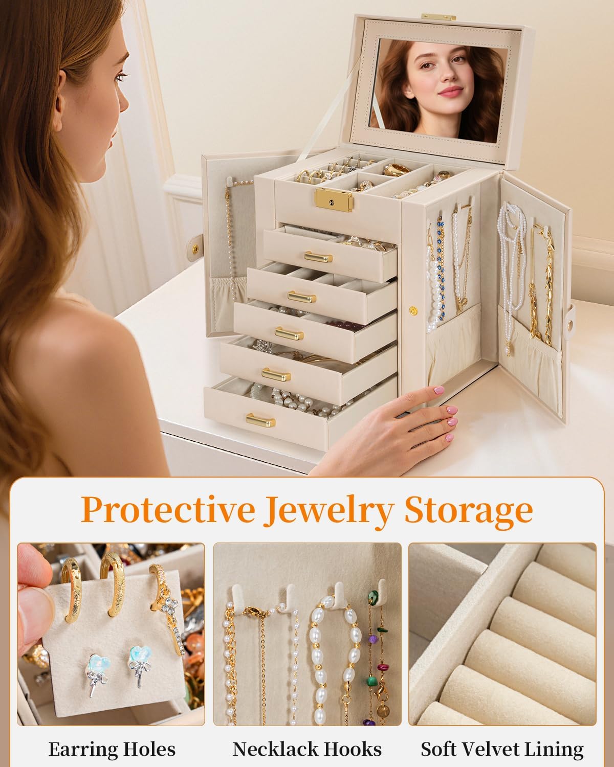 TORIBIO Large Jewelry Box for Women, Leather Jewelry Organizer with Mirror & Lock, 6-Tier Jewelry Storage Case for Girls/Women/Mothers, Necklace Earring Bracelets Holder Organizer