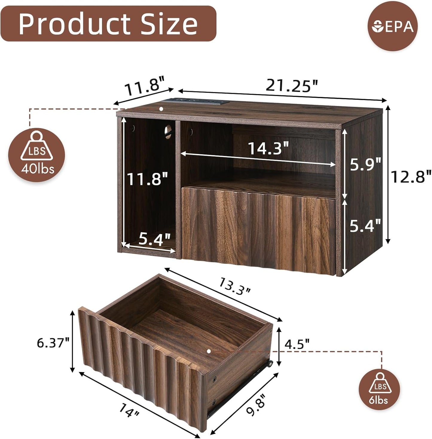 Modern Walnut Fluted Floating Nightstand with Charging Station, NightStand with Drawers, Bedside with USB Ports and Outlets, Bedroom Furniture (Left)