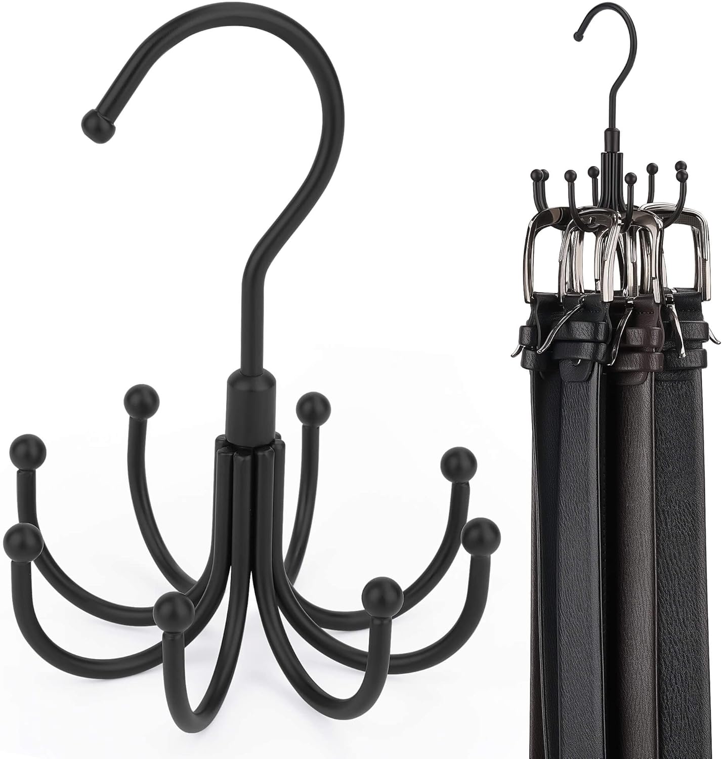 ZEDODIER Belt Hanger, 4 Pack Rotatable Belt Rack Closet Accessories Organizer, Maximum 24 Storage Capacity, Hanging Holder Storage Hook for Belt, Bra, Tank Top, Tie, Scarf, Purse, Black