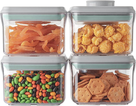 Ankou Airtight Container Set - (380ml 4 Pcs) Stackable One Button Openning Food Containers for Snacks Candy Salt Herbs Spices BPA-Free Tranparent (0.32 QT * 4)