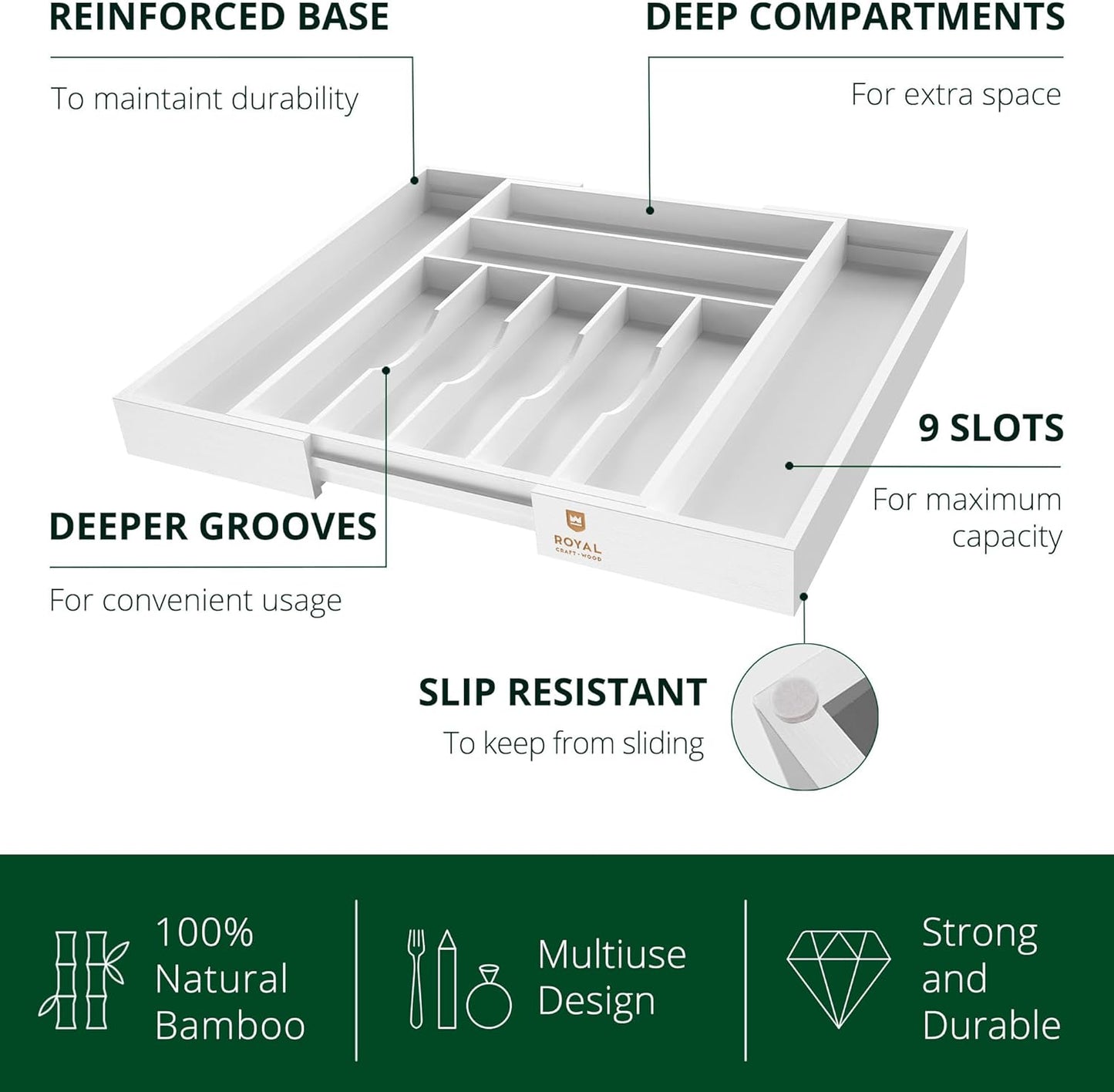 ROYAL CRAFT WOOD Luxury Bamboo Kitchen Drawer Organizer - Silverware Organizer - Utensil Holder and Cutlery Tray with Grooved Drawer Dividers for Flatware and Kitchen Utensils (9 Slot, White)