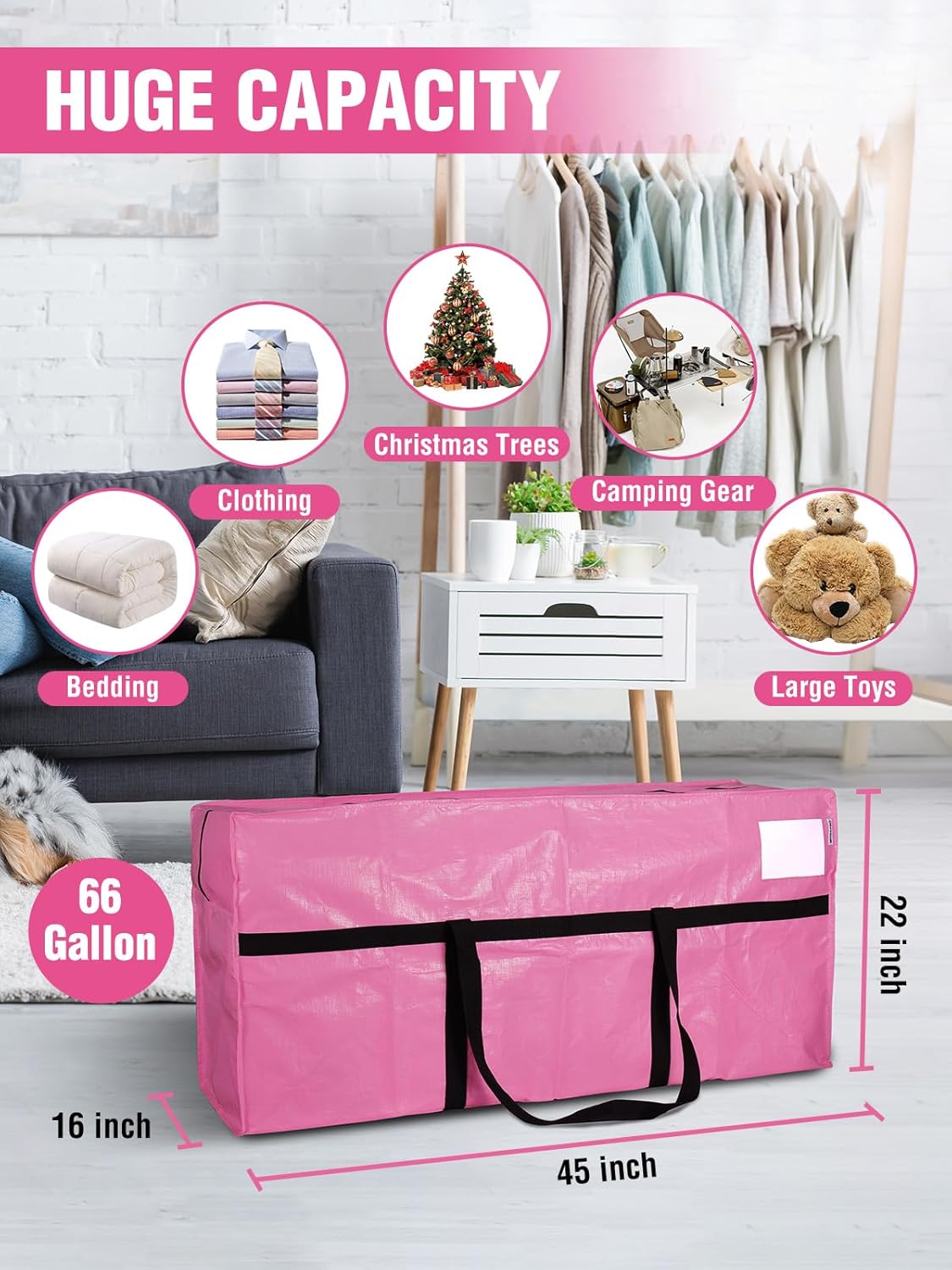 WORKPRO 1 Pack 66 Gallon Extra Large Moving Bag with Zippers, Carry Handles, Heavy-Duty, Water-Resistant Storage Totes for Moving & Space-Saving Organization, Pink