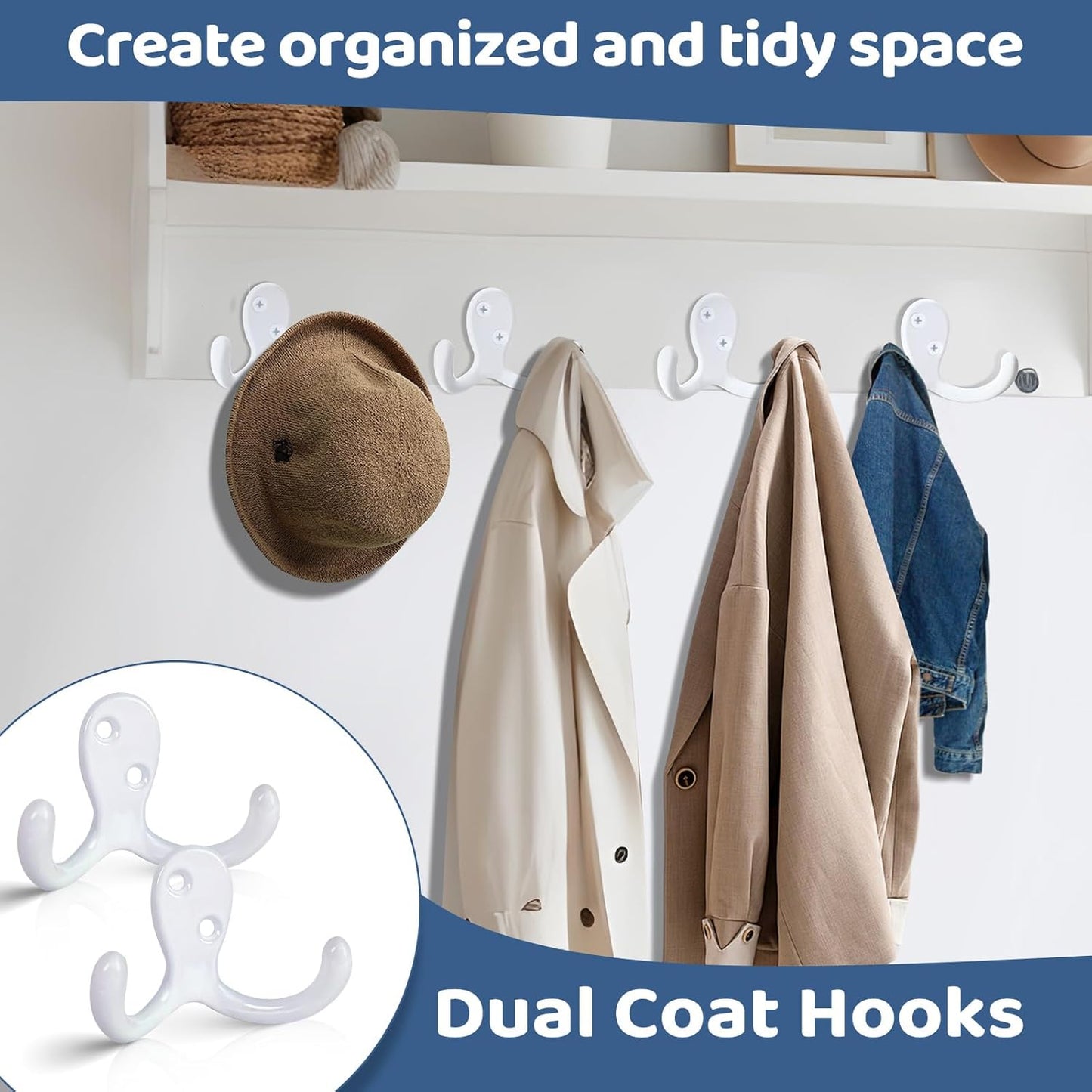 25 Pack Coat Hooks Wall Hooks for Hanging, Heavy Duty Double Prong Metal Hook Wall Mounted for Living Room, Bathroom, Kitchen, Bedroom for Coat, Bag, Scarf, Towel, Hat, Key, Cup (White)