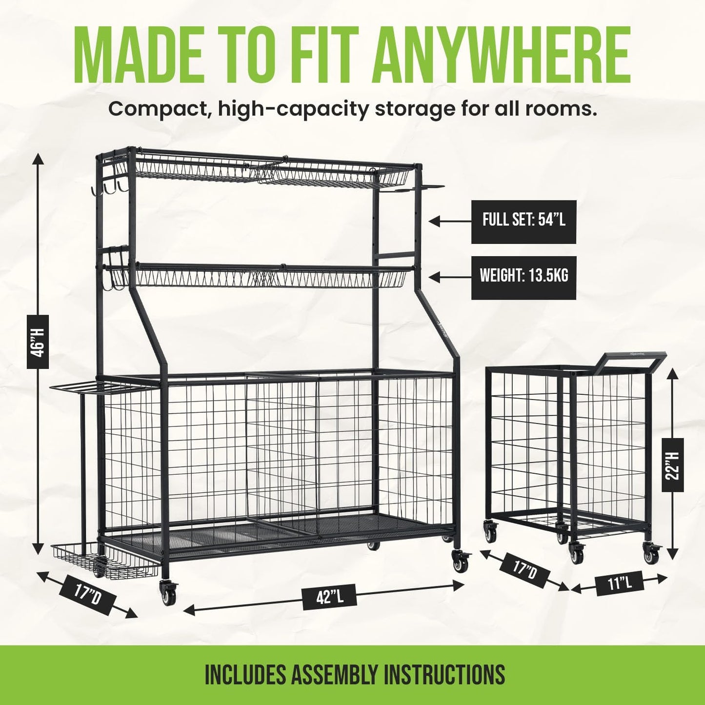 SpaceWise Sports Equipment Organizer – Garage Ball Storage Rack with Hooks, Baskets, Wheels & Detachable Portable Side Cart, Golf Organizer, Gym Equipment & Toy Storage Solution, Charcoal Finish