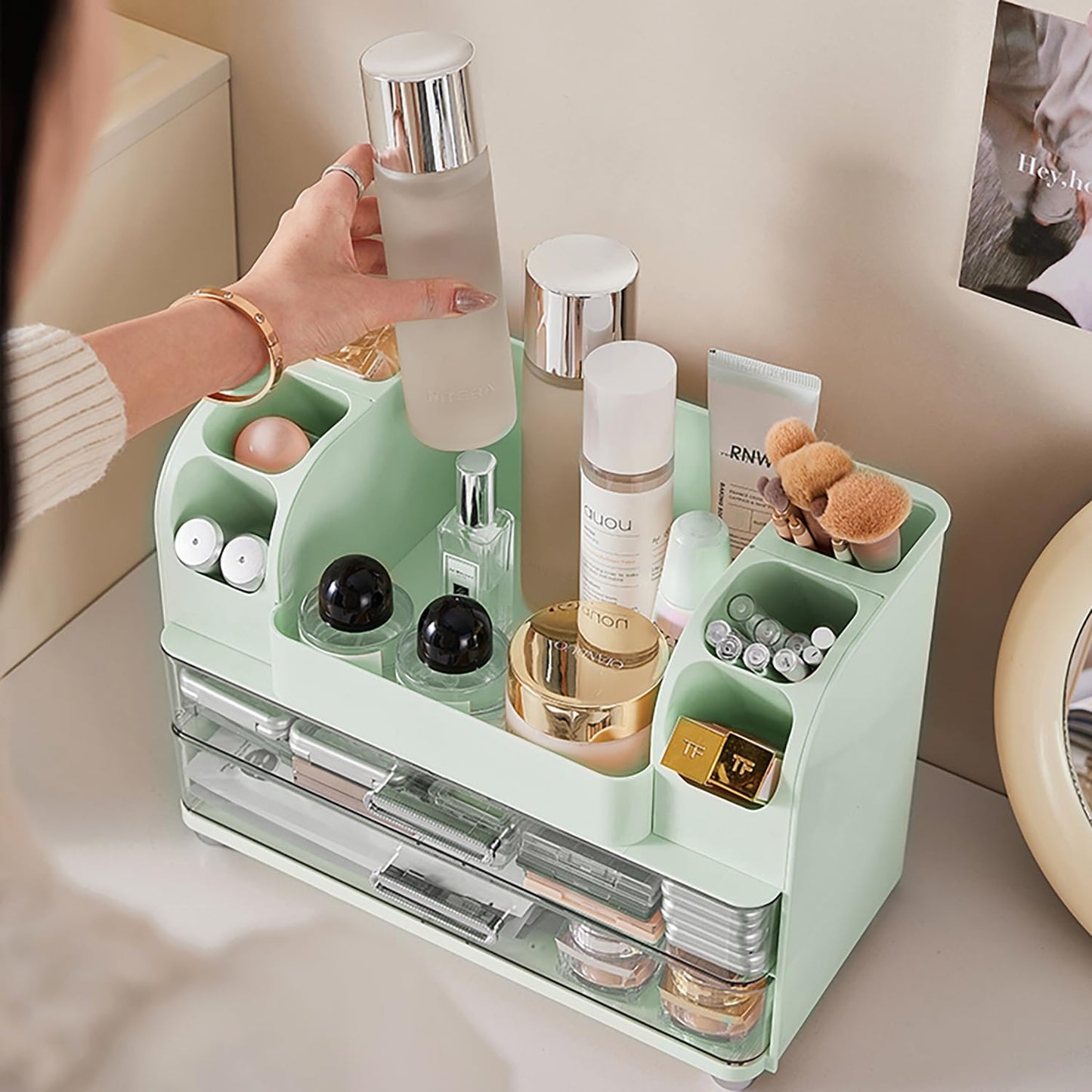 Makeup Organizer with Drawers for Vanity,Bathroom Countertop Organizer with Brushes Holder,Skincare Storage Organizer,Perfect Cosmetic Display Case for Skincare,Lipstick and Beauty Essential (Green)