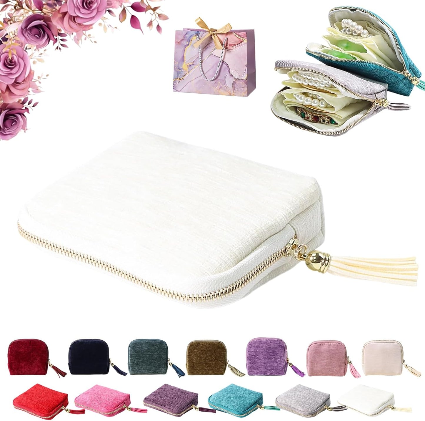 Travel Jewelry Case, Portable Jewelry Storage Bag, Compact Foldable Five Compartments Organizer Pouch with Zipper & Tassel for Earring Necklace Ring Bracelet (White)