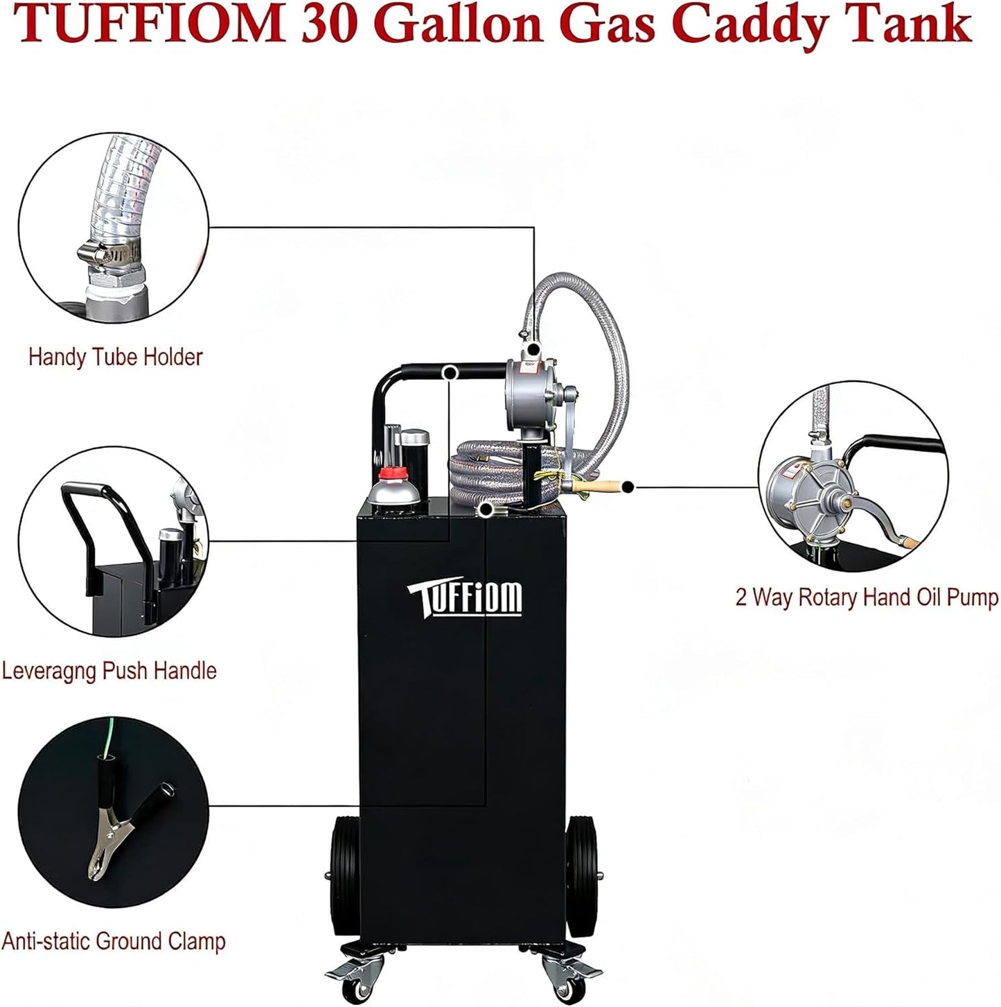 TUFFIOM 30 Gallon Portable Gas Caddy w/Swivel Wheels,Fuel Storage Tank, Gasoline Diesel Can with Fuel Transfer Rotary Hand Siphon Pump for Automobile ATV Car Mower Tractor Boat Motorcycle
