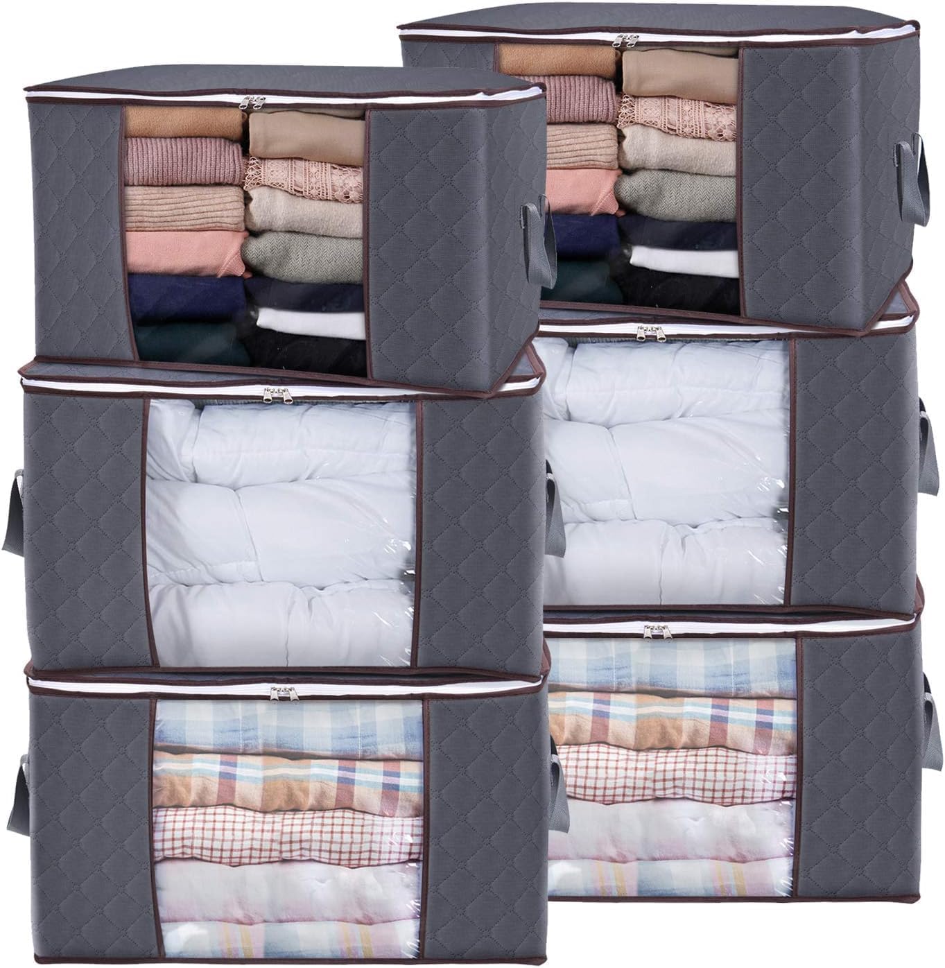 Large Clothes Storage Bags 4 Pack, Foldable Closet Organizers with Durable Breathable Fabric & Clear Window for Blankets, Comforters, Pillows, Bed Sheets, Toys & Seasonal Clothing (Gray)