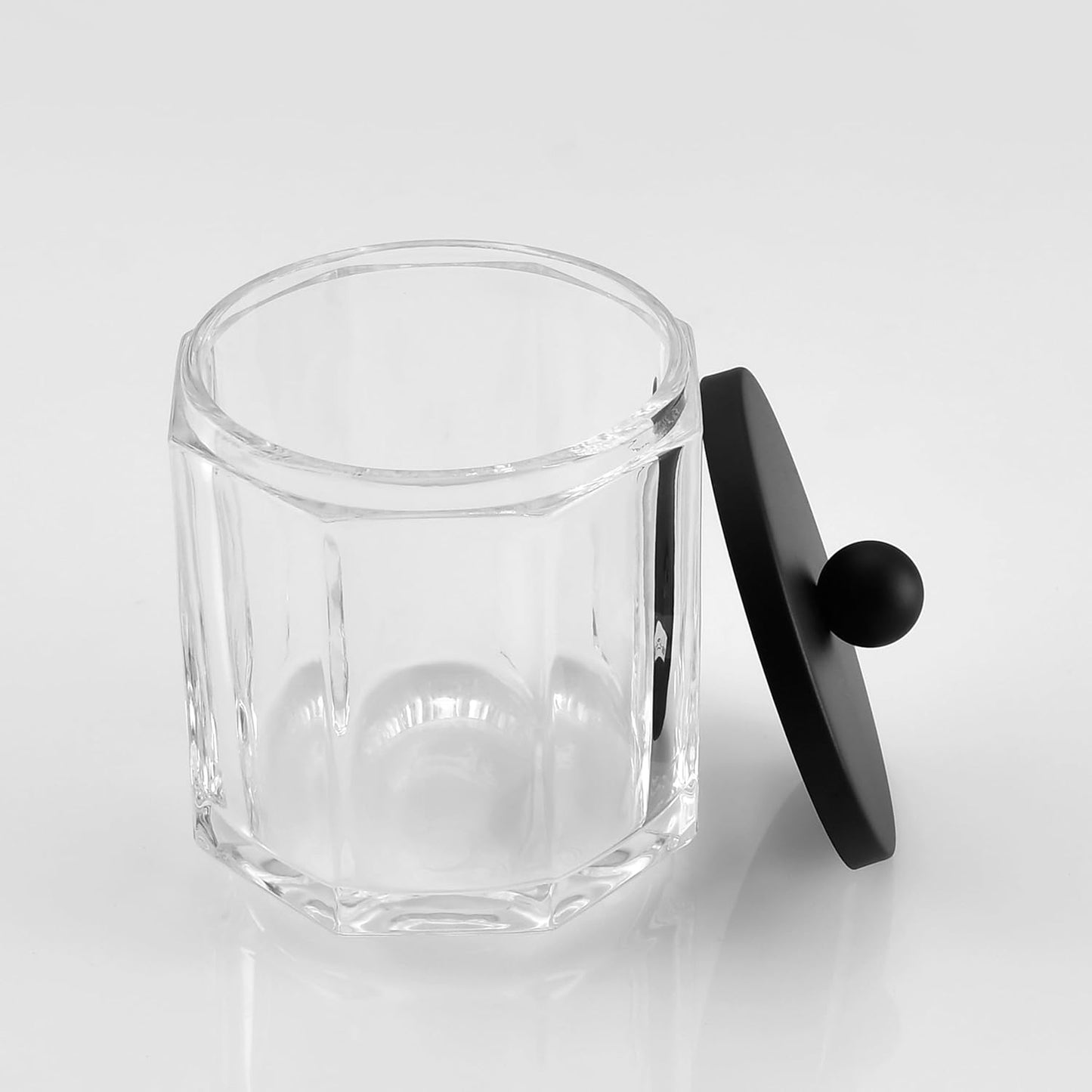 Clear Transparent Apothecary Octagional Shaped Glass Canister Jar With Matte Black Metal Lid Cover for Bathroom Organization, Cotton Balls, Q Tips, and Small Accessories, Bath Storage