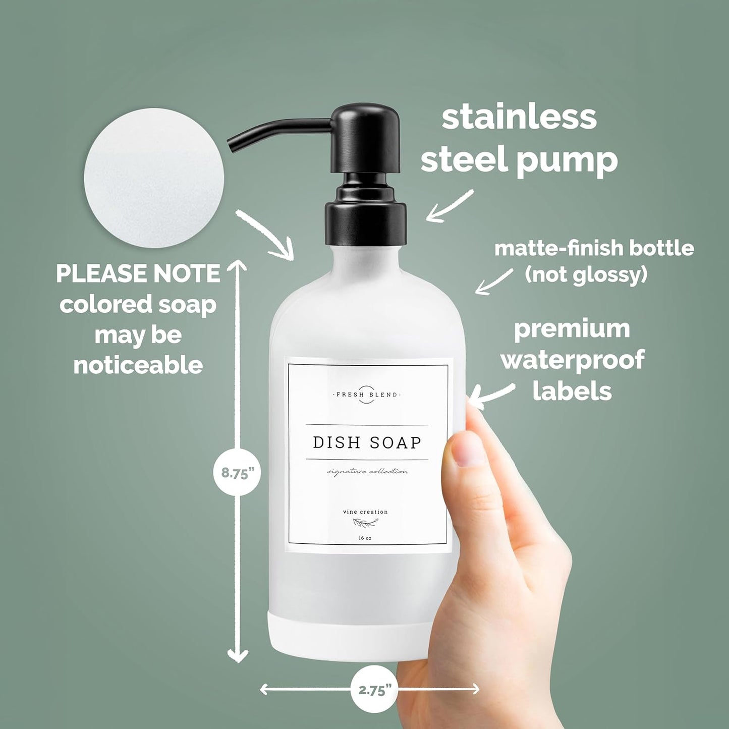 Vine Creations White Glass Soap Dispenser, 2 Pack Kitchen Soap Dispenser Set with Stainless Steel Pump, 16 oz Dish Soap and Hand Soap Dispensers for Bathroom with Waterproof Labels