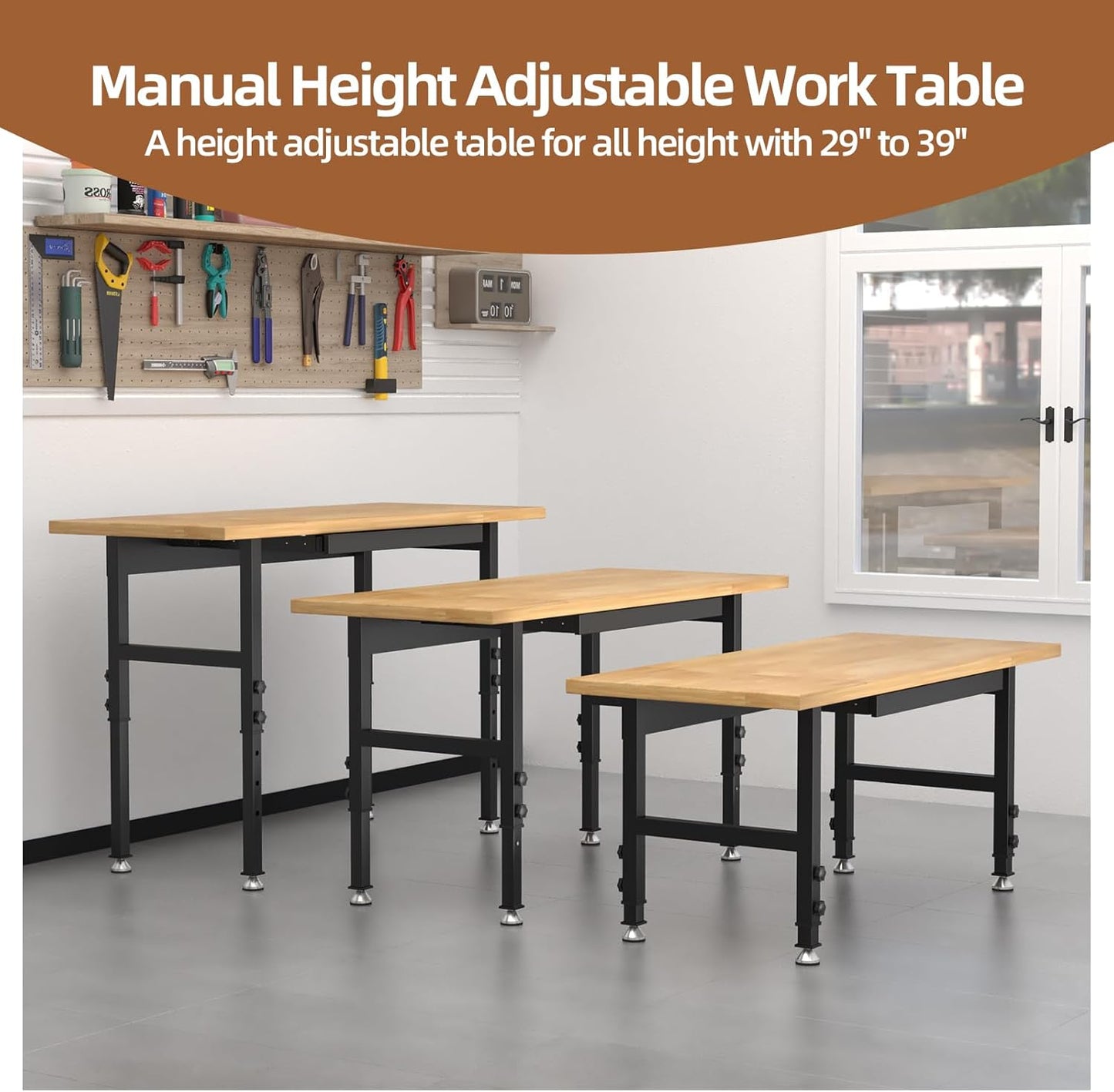 48' Adjustable Workbench, Solid Wood Work Bench Table , Rolling Workbench Large Load Capacity Garage Workbench for Workshop,Office,Home