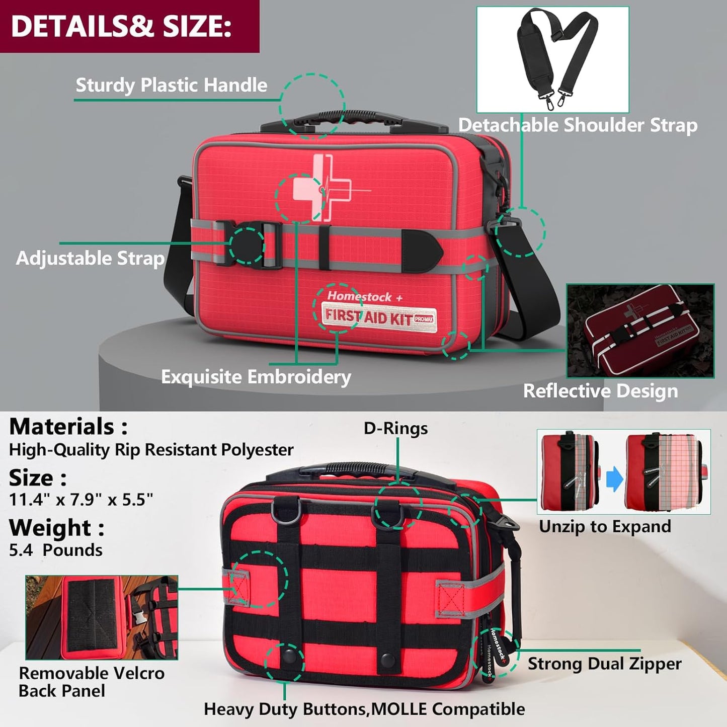 Advanced Comprehensive First Aid Kit with Well Organized Labelled Compartments Removable MOLLE System First Aid Trauma Kits for Car, Home,Camping, Office and etc.-401 Piece