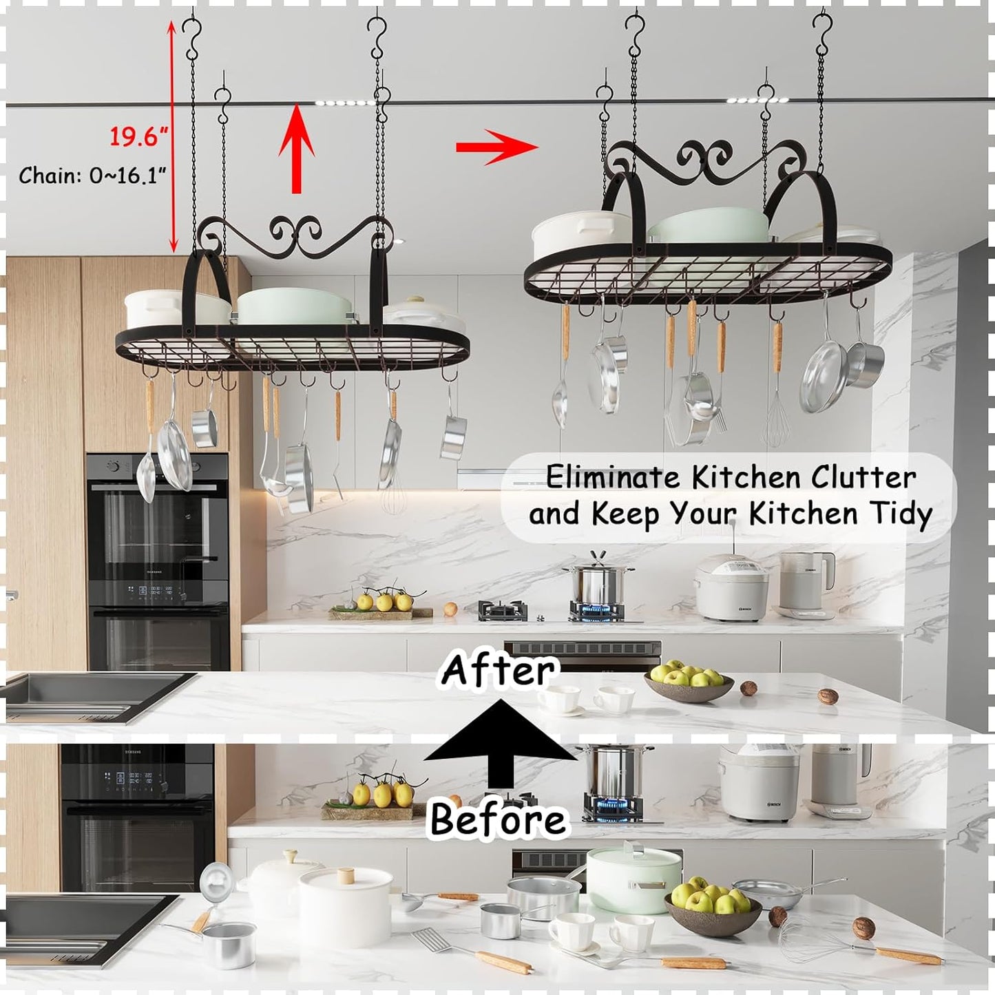 Hanging Pot Rack Ceiling Mount, 33" Metal Ceiling Pan Hanging Rack with 15 S Hooks, Oval Pot and Pan Storage Rack, Decorative Vintage Brown Pot Hangers for Kitchen Organize Utensils Cookware