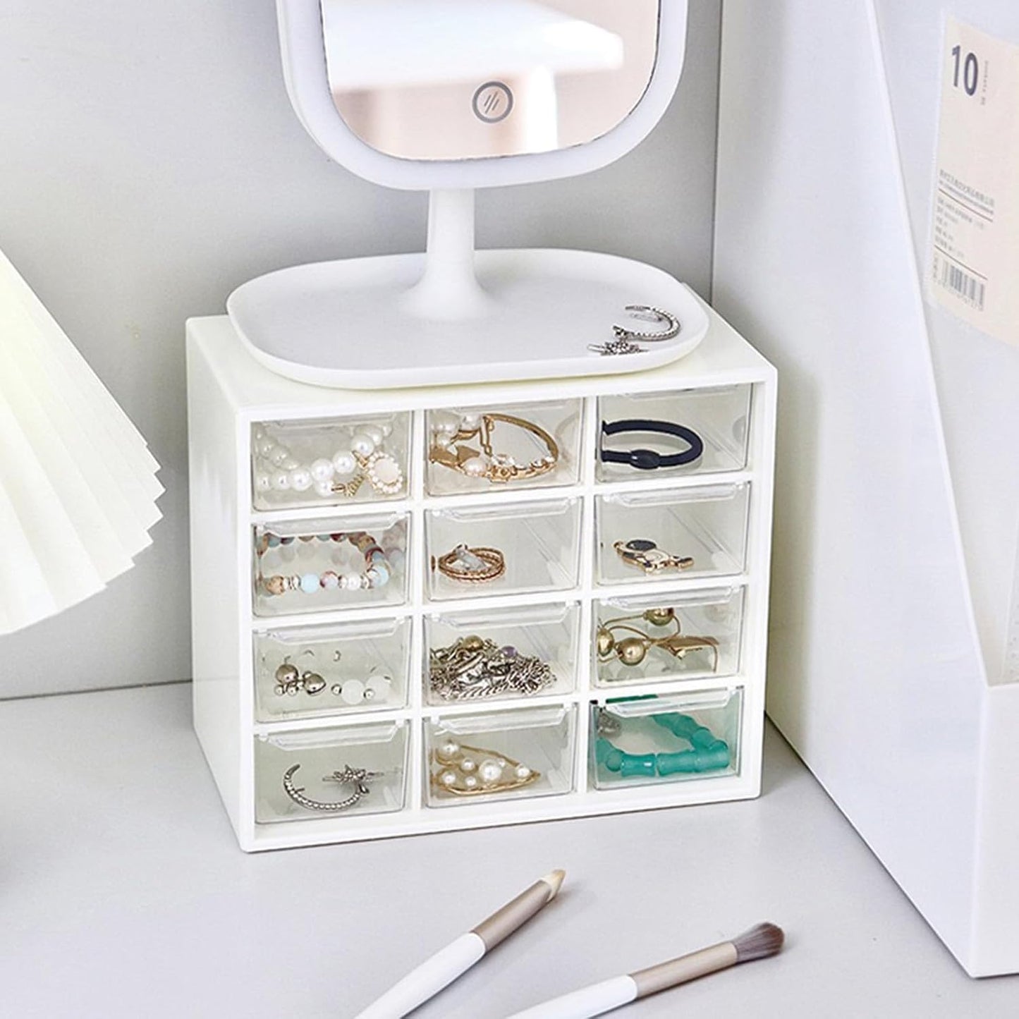 12-compartment plastic desktop drawer storage box, suitable for storing stationery, gemstones, hairpins, rubber bands, contact lenses, etc (White)