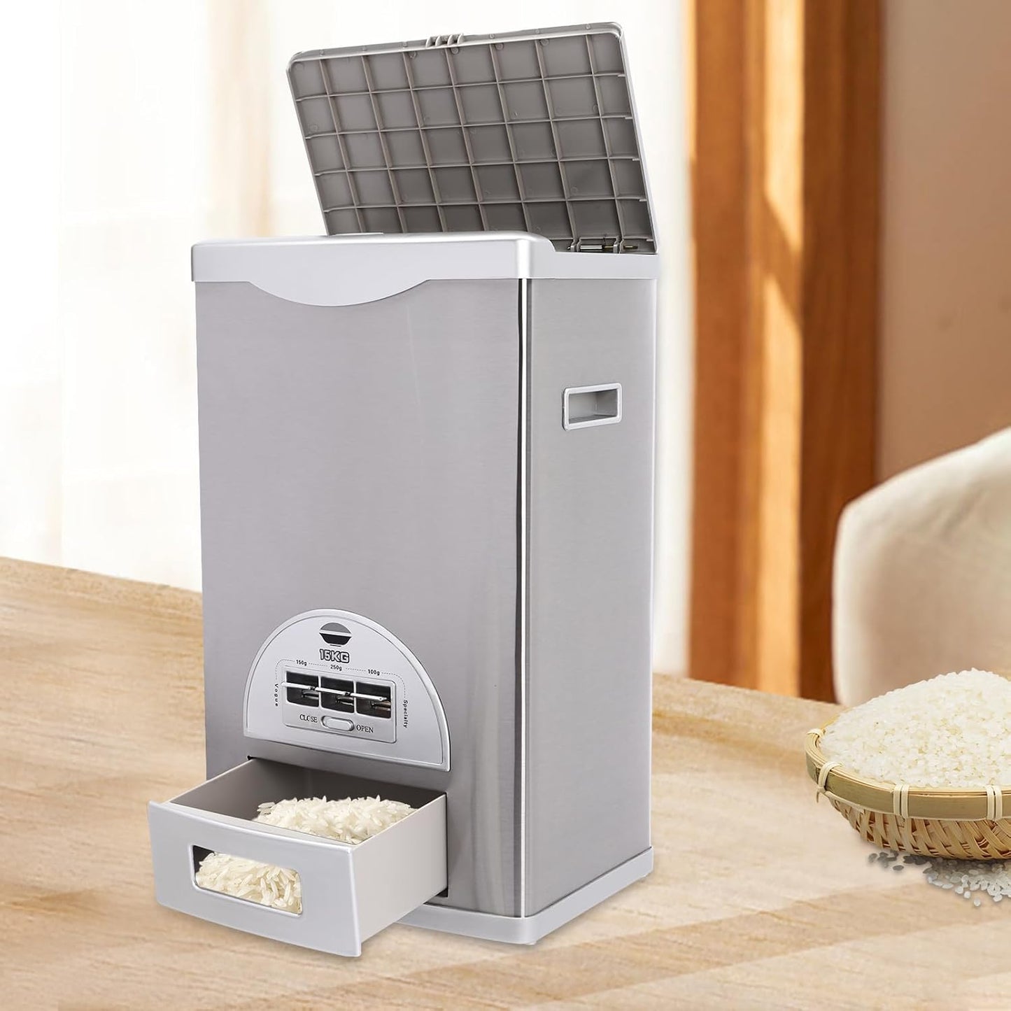 33lbs Cereal Dispenser Countertop, Rice Dispenser Container Machine Organizer Containers Storage Tank Kit Conical Funnel 3 Buttons Lids for Homes, Restaurants