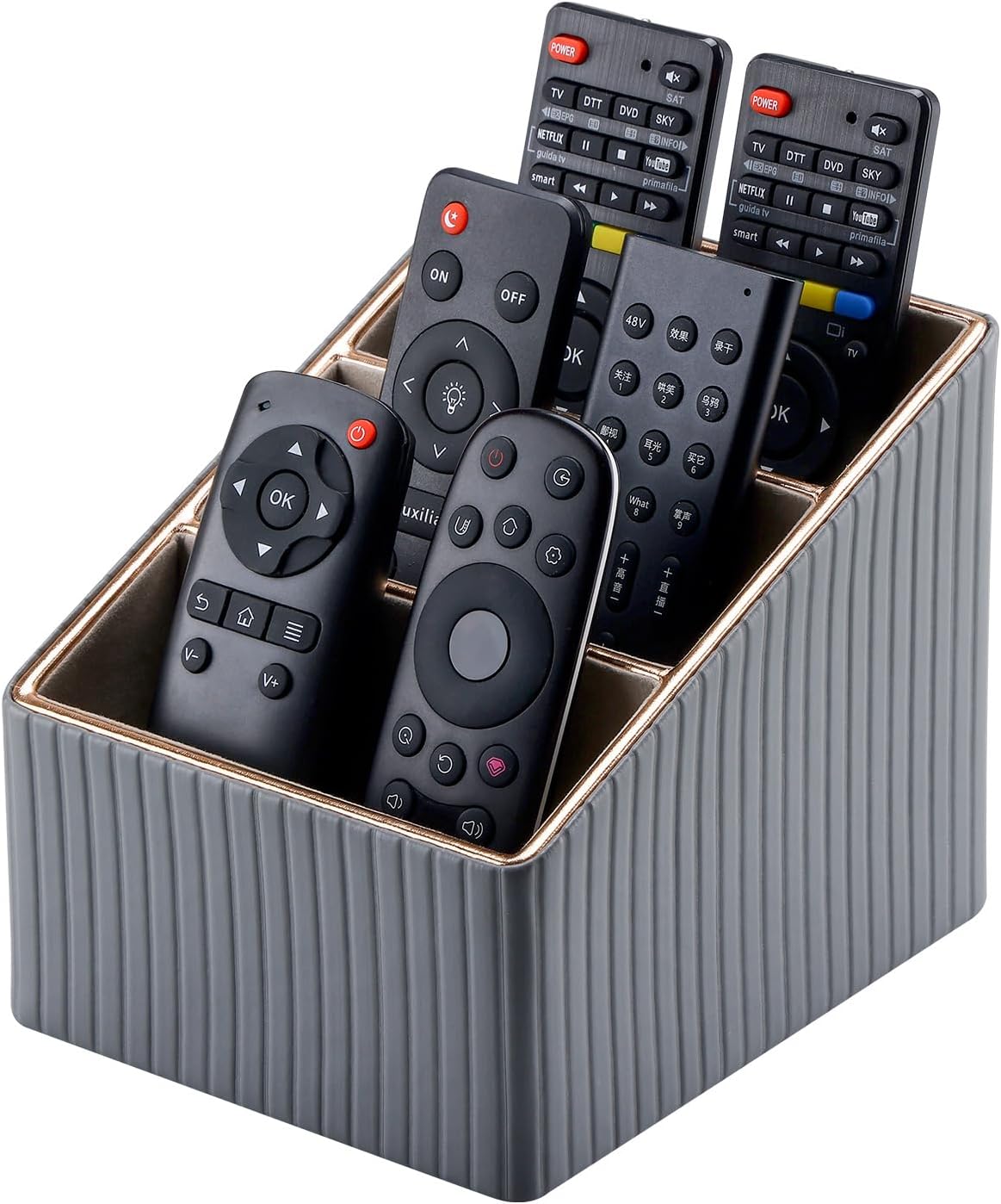 KINGFOM 3 Slot PU Leather Remote Controller Holder, Home Sundries Storage Box, TV Guide/Mail/CD Organizer/Caddy/Holder with Free Cable Desk Organizer (Grey)
