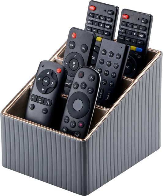 KINGFOM 3 Slot PU Leather Remote Controller Holder, Home Sundries Storage Box, TV Guide/Mail/CD Organizer/Caddy/Holder with Free Cable Desk Organizer (Grey)