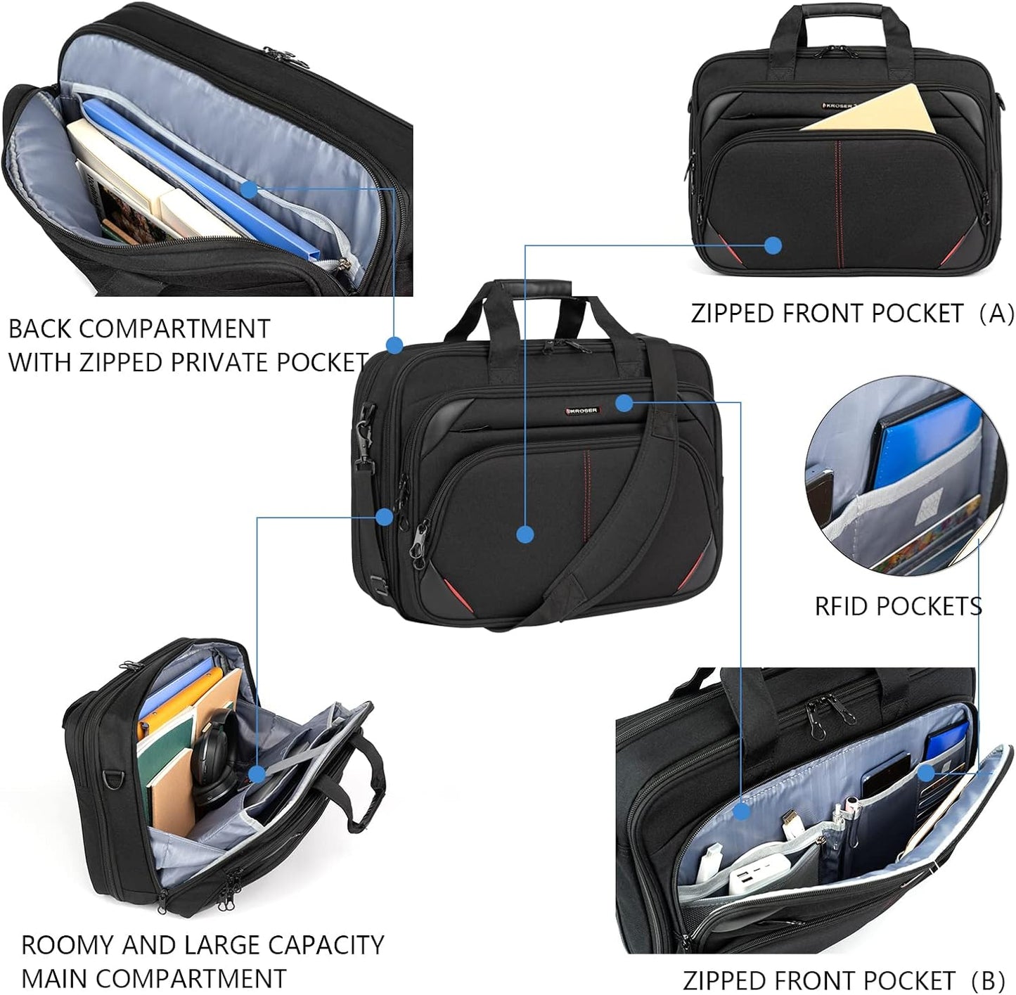 KROSER Laptop Bag 17.3 Inch Premium Laptop Briefcase, Expandable Water Repellent Laptop Shoulder Messenger Bag Durable Computer Case for Business/Travel/Men/Women (Black/Red)