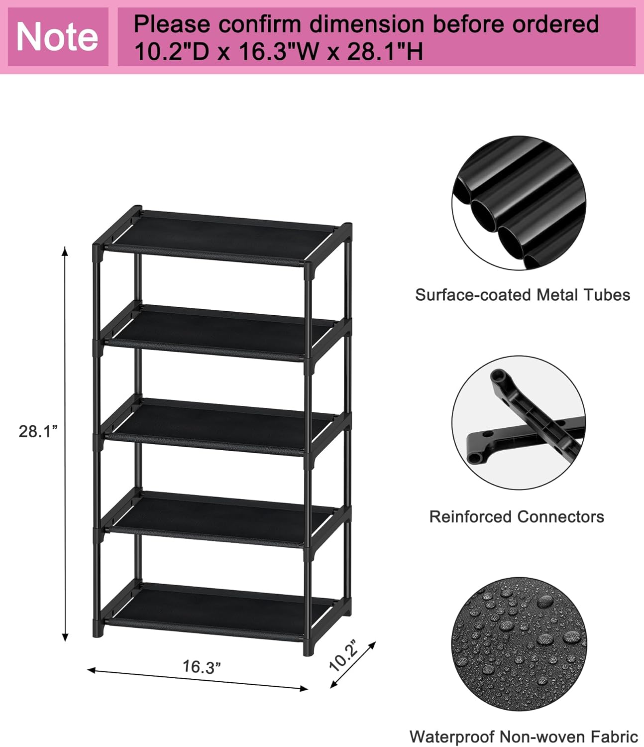 5-Tier Small Shoe Rack, Narrow Space-Saving Organizer for Small Spaces, Non-Woven Fabric Lightweight Shoe Shelves, for Closet Floor, Front Door, Entryway, Kids/Toddler/Adults, Black