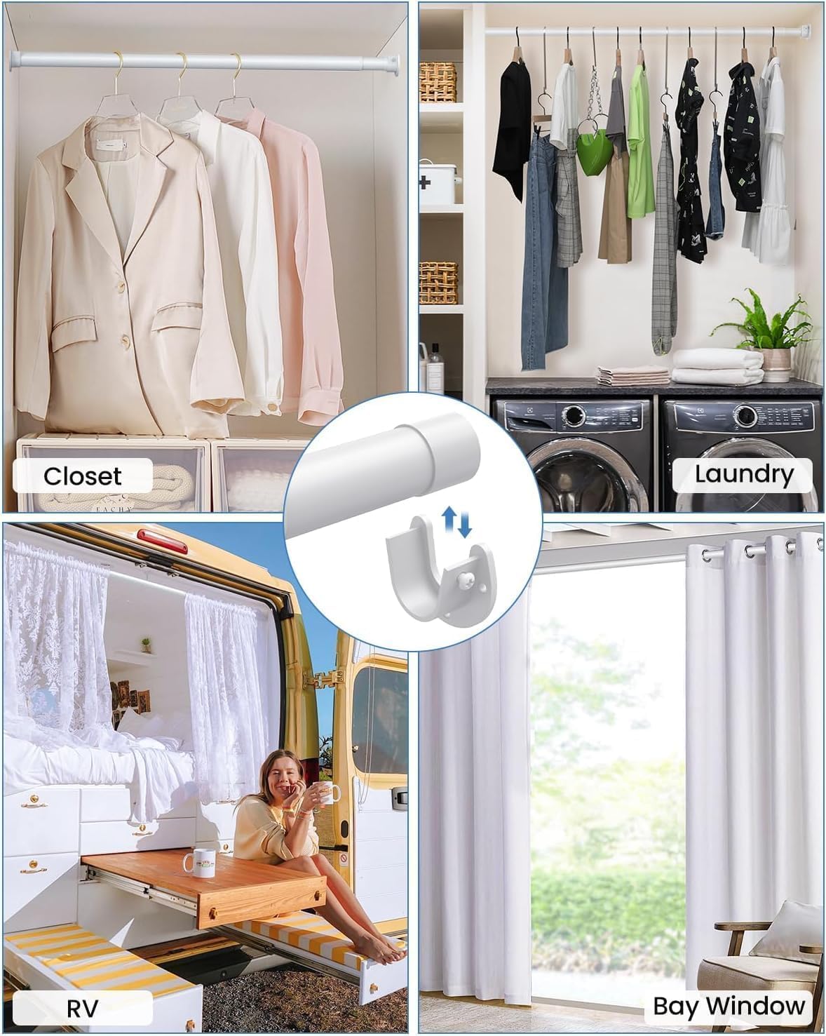 3 PACK Closet Rods for Hanging Clothes, 17 to 28 Inches Stepless Adjustable Metal Closet Rod, 1.3 Inches Heavy Duty Clothes Hanging Rod for Closet Wardrobes Laundry RV, White