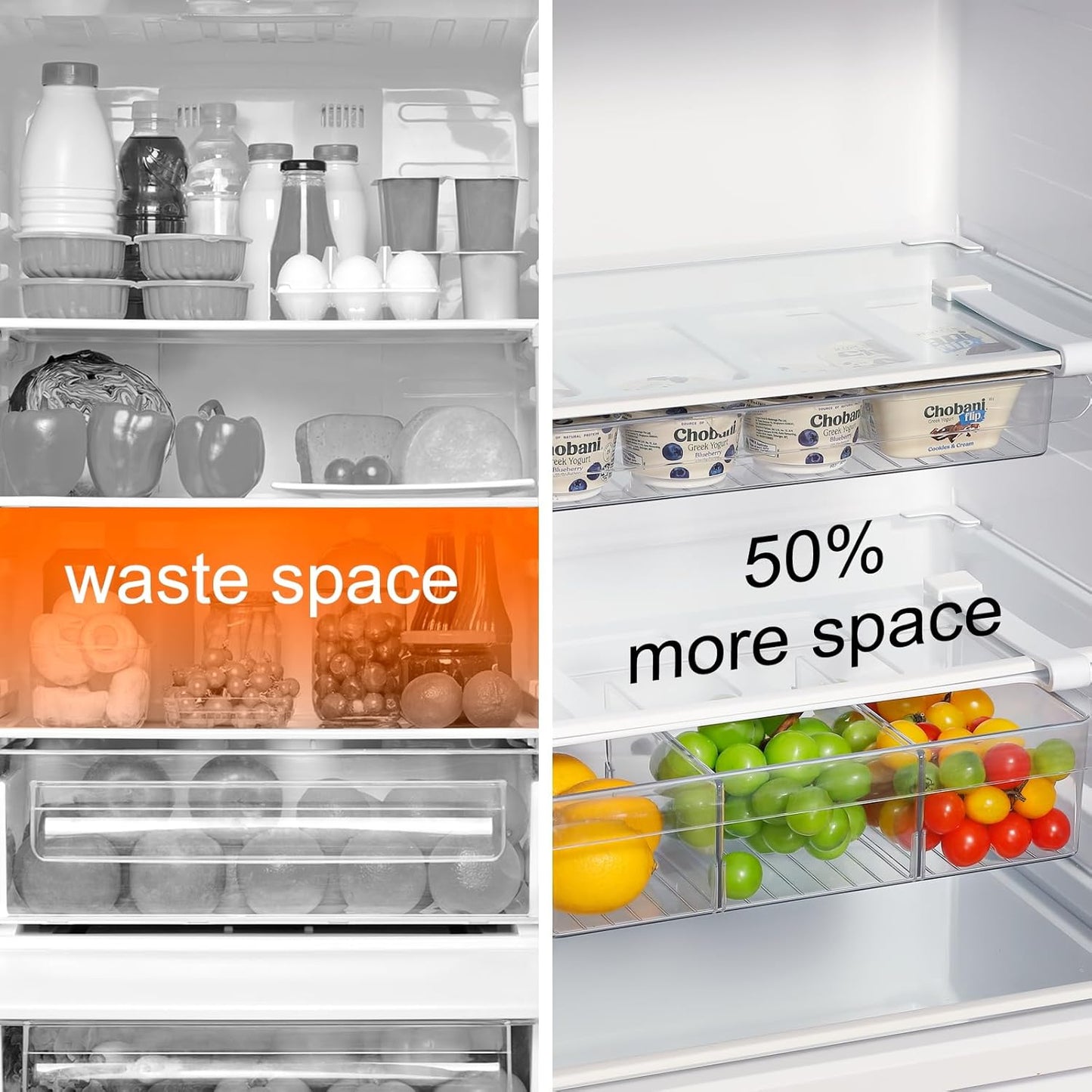 Pull-Out Fridge Drawer Organizer - Under Shelf Storage Bins for Refrigerator Organization for Fruits Vegetables, Cheese & Deli (Tall & Narrow with dividers)