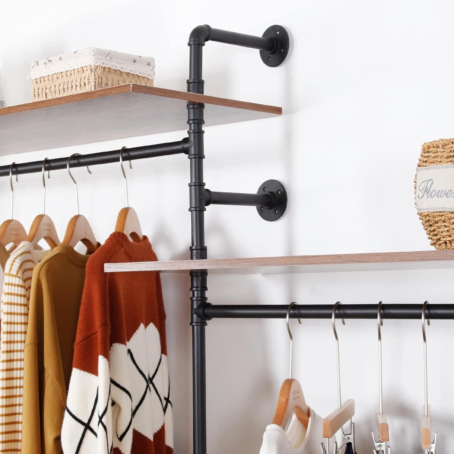 Industrial Pipe Clothing Rack with 2 Shelves, Clothes Rack Wall Mounted Heavy Duty Clothing Store Display Stands Garment Rack Closet System(Black, 96.5x80.7inch)