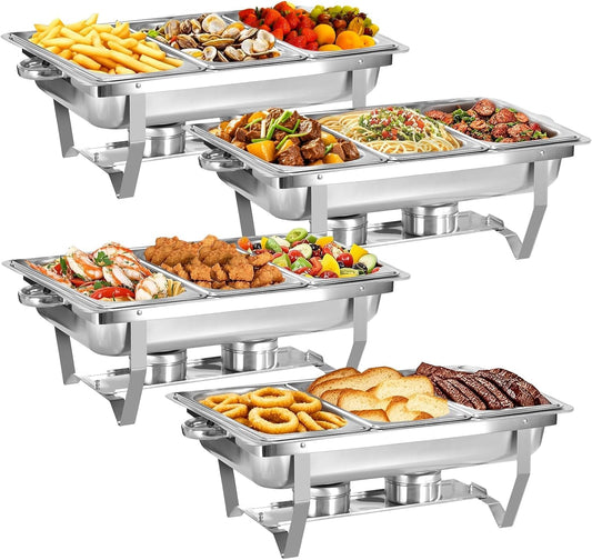 4 pack Chafing Dishes for Buffet of Stainless Steel Food Warmers for Parties 9 QT Chafers and Buffet Warmers Sets with 1/3 size pan Commercial Catering Chafers for Event Party