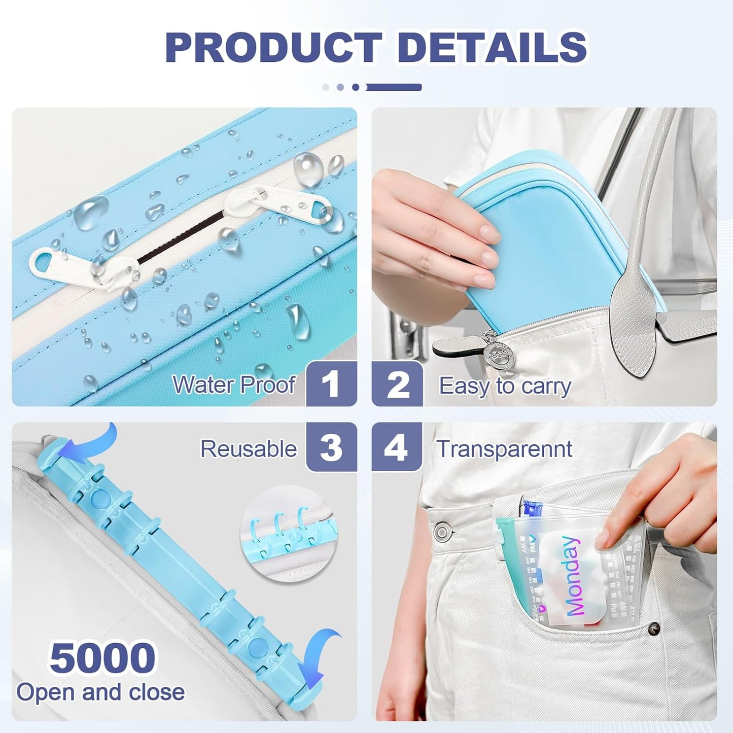 Weekly Pill Organizer 2 Times a Day - Timueetech A6 Waterproof 14 Pill Pouch Bags for Travel, BPA-Free Medicine Storage with Labels & Self-Sealing Design for Vitamins and Supplements, Blue