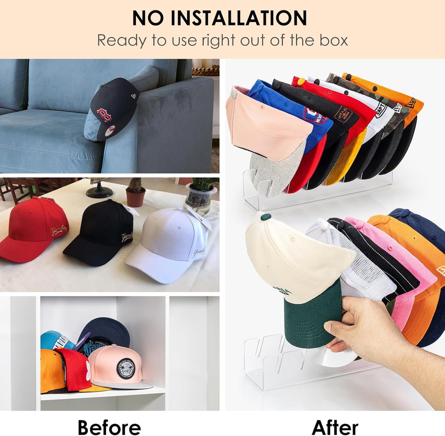 HAYVAN Hat Stand for Baseball Caps Display and Organizer - No Install Hat Organizer 2 Pack Holds 14 Baseball Caps for Closet, Bedroom, Dresser(Frosted clear acrylic)